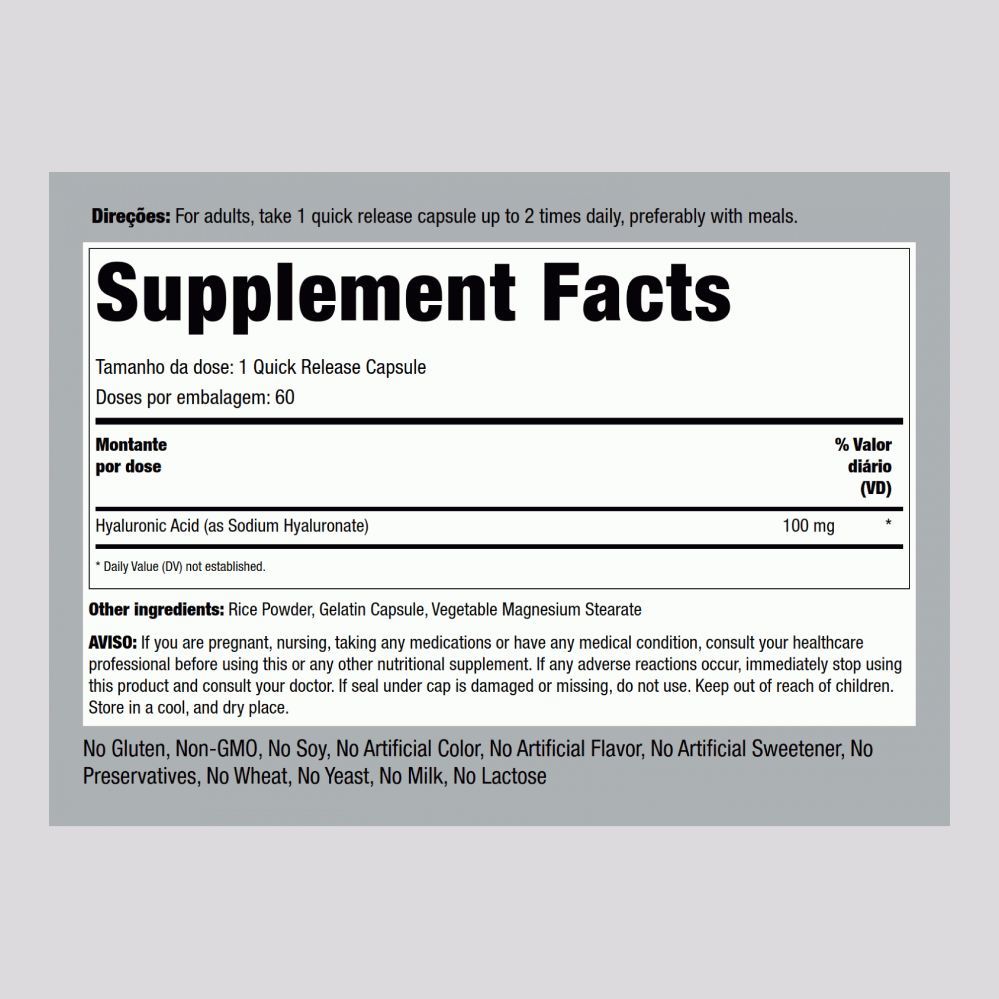 Ácido hialurónico para articulações H  100 mg 60 Cápsulas de Rápida Absorção     