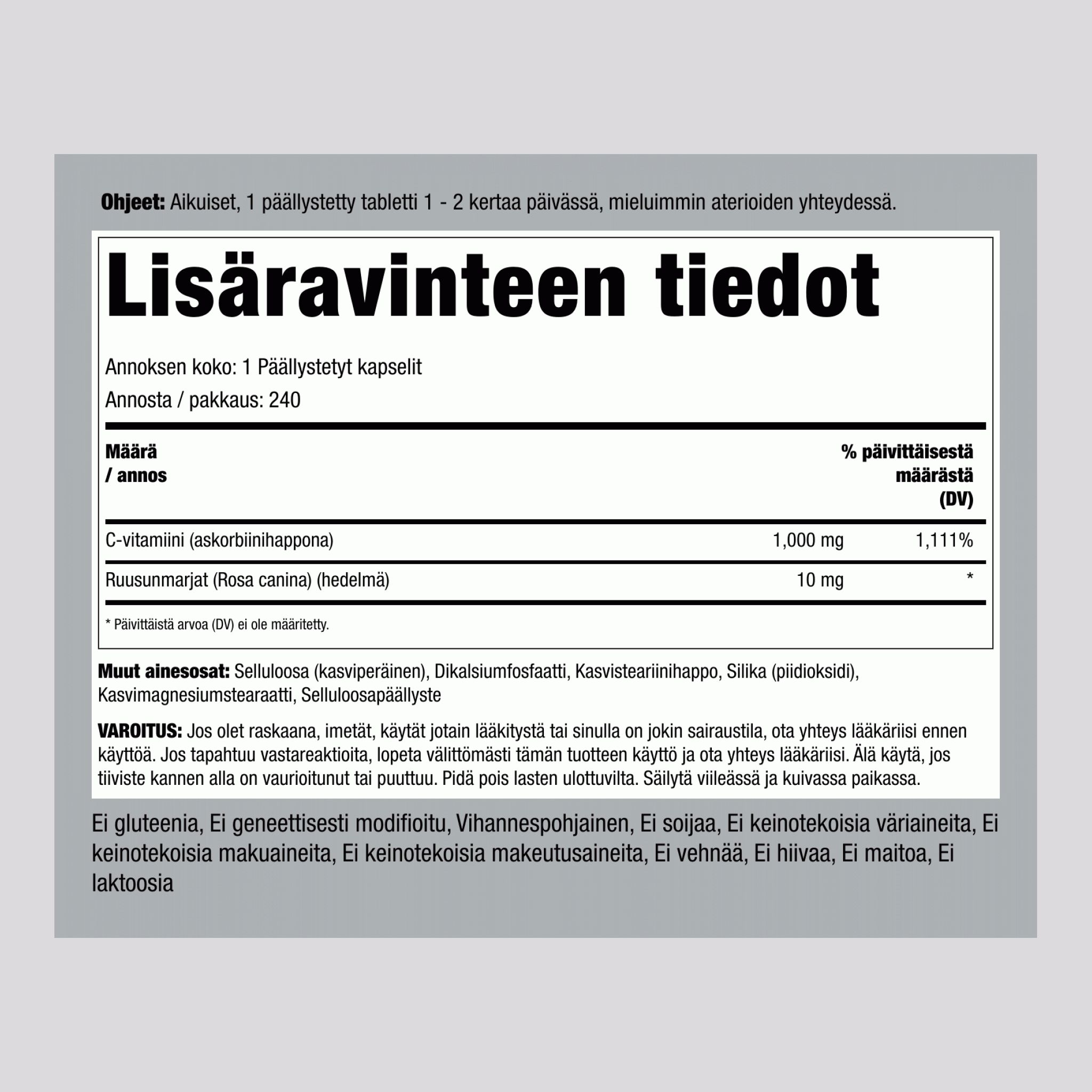 C-vitamiini 1000mg bioflavonoideja ja ruusunmarjaa depotkapseli 240 Päällystetyt kapselit       