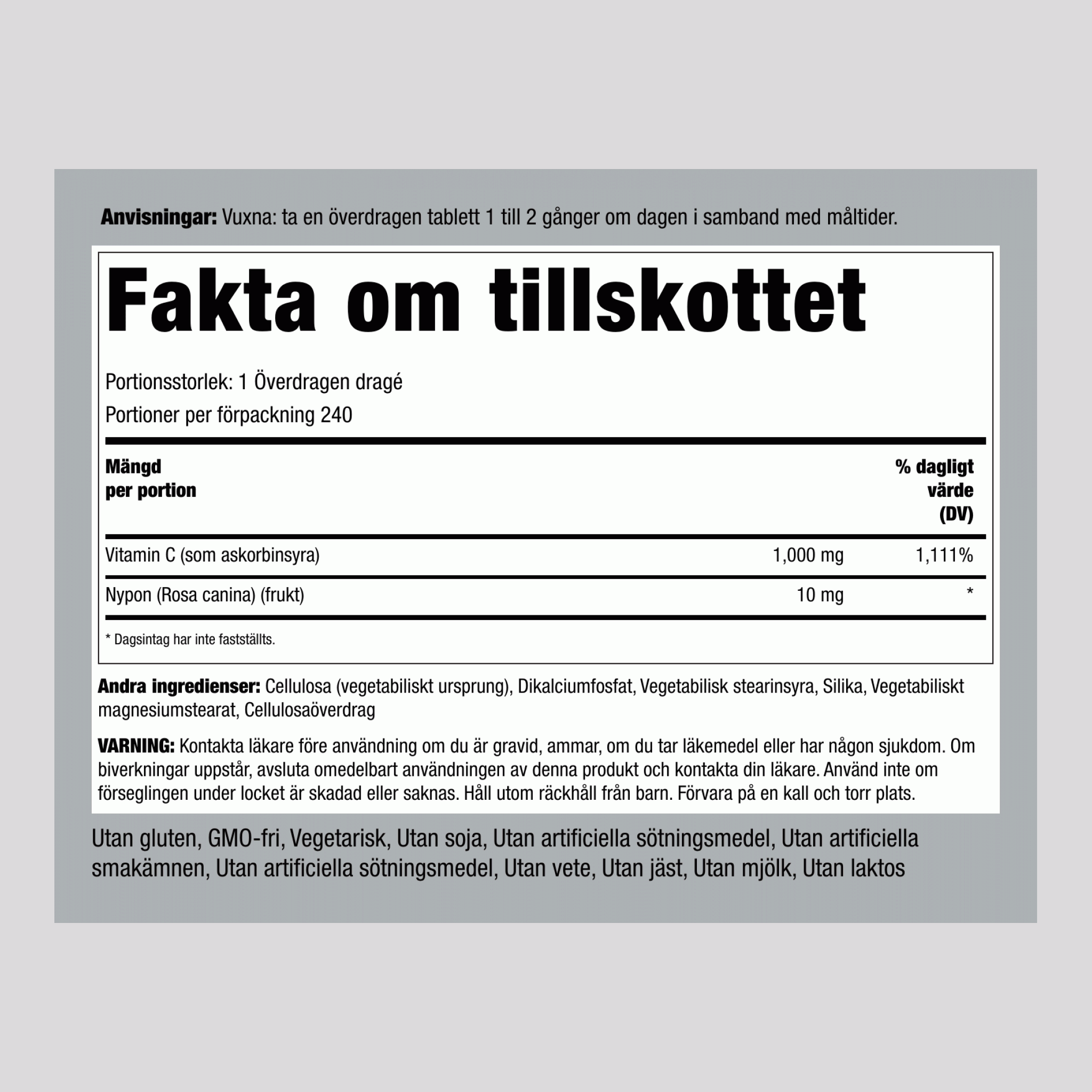 Vitamin C 1000mg med bioflavonoider och nypon tidsutlöst 240 Överdragna dragéer       