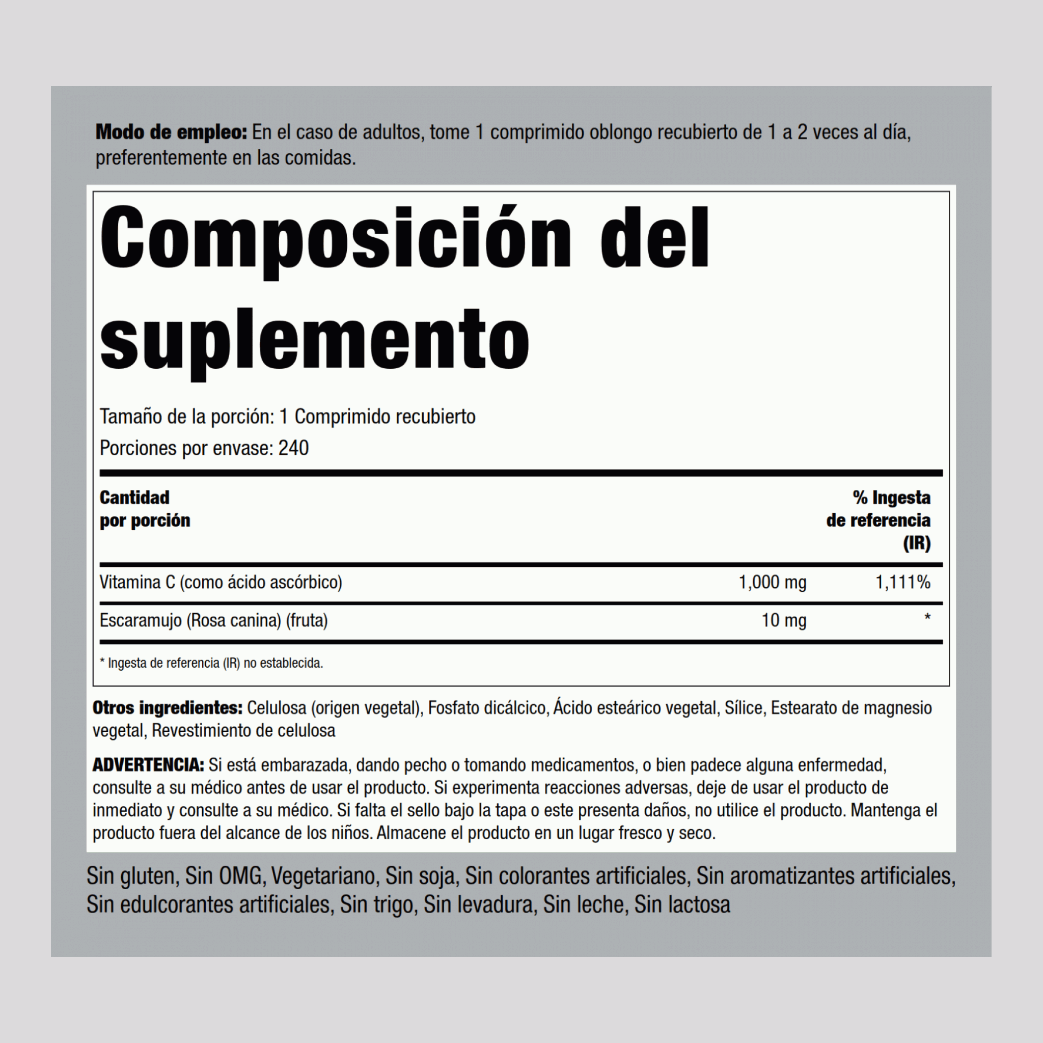 Vitamina C 1000mg con bioflavonoides y escaramujos de liberación prolongada 240 Comprimidos recubiertos       