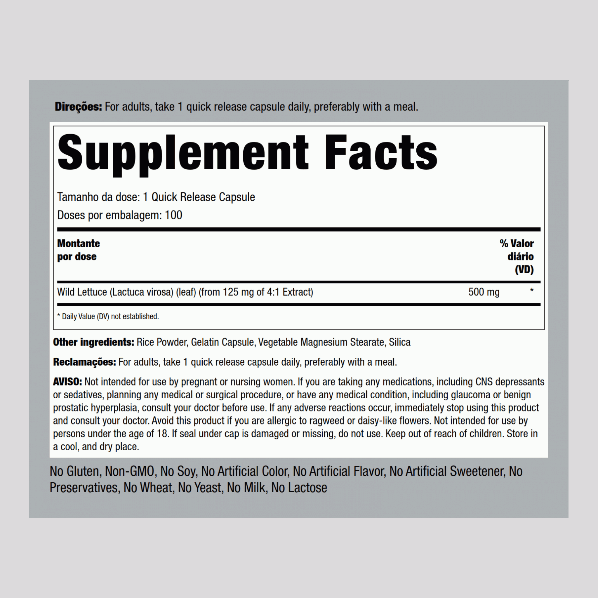 Alface Selvagem 500 mg 100 Cápsulas de Rápida Absorção     