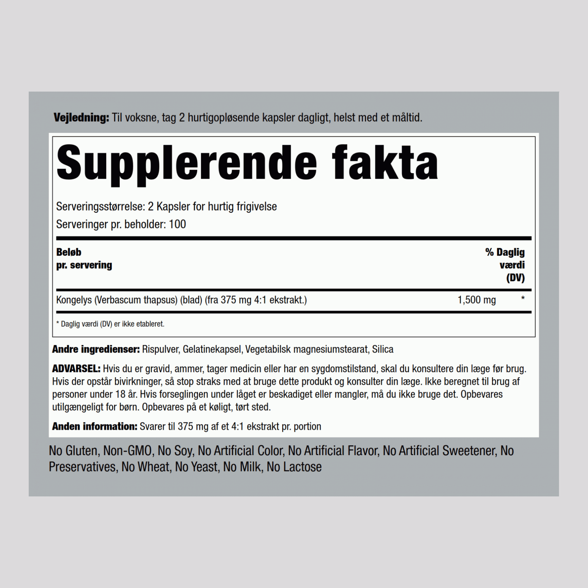 Kongelysblade (Gordolobo) 1500 mg (pr. dosering) 200 Kapsler for hurtig frigivelse     