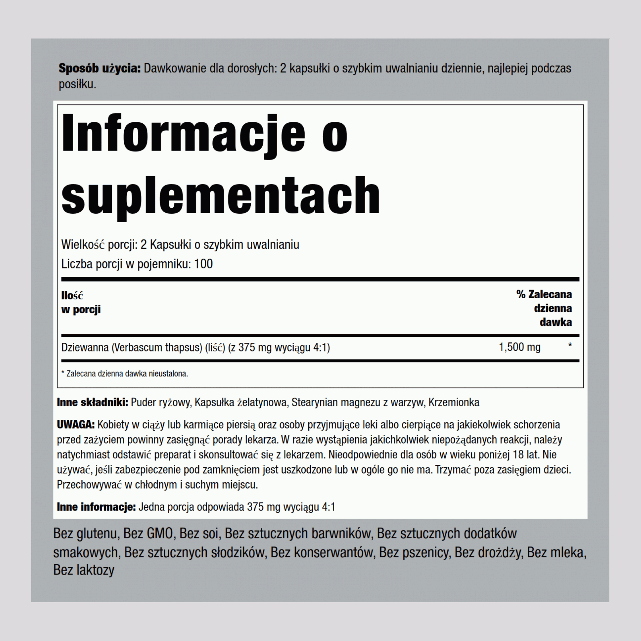 Liść dziewanny  1500 mg (na porcję) 200 Kapsułki o szybkim uwalnianiu     