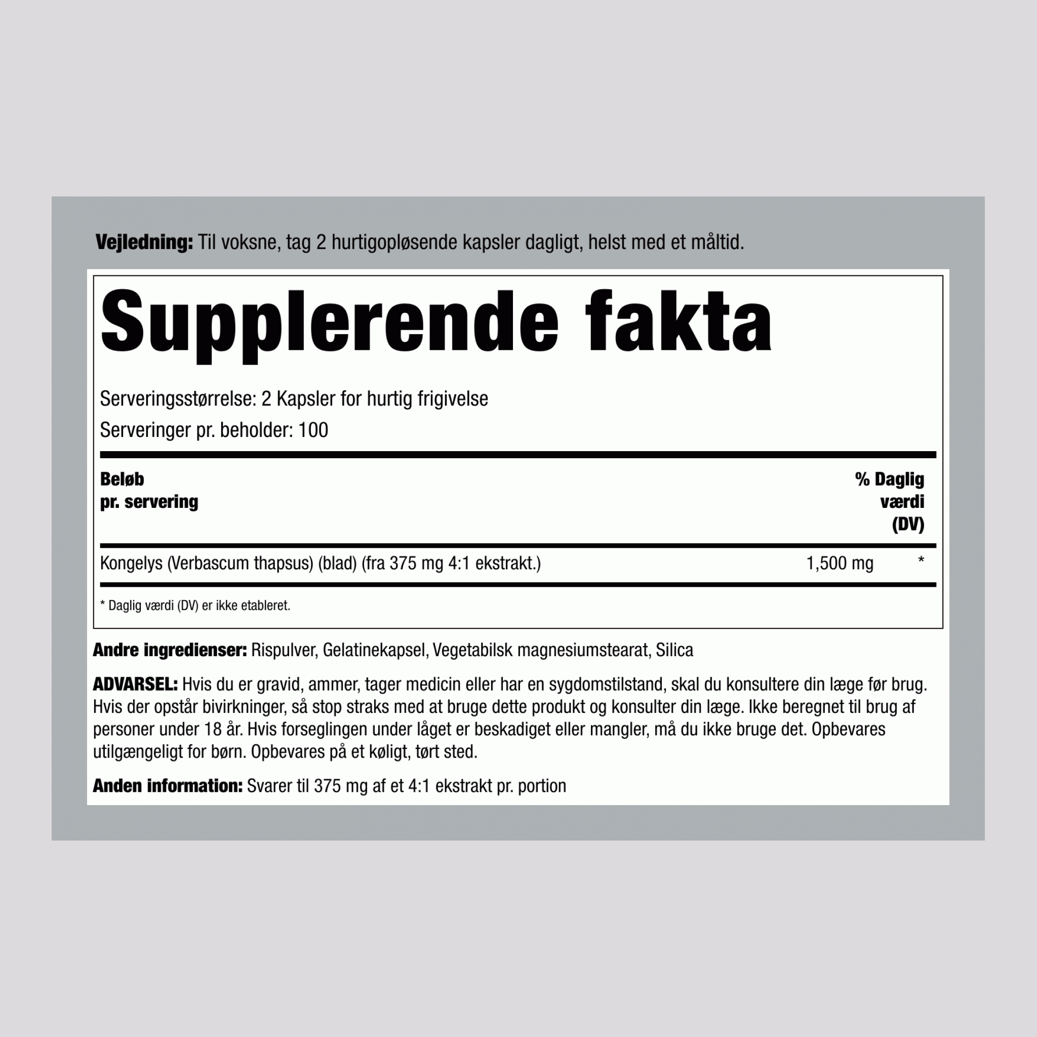 Kongelysblade (Gordolobo),  1500 mg (pr. dosering) 200 Kapsler for hurtig frigivelse 2 Flasker