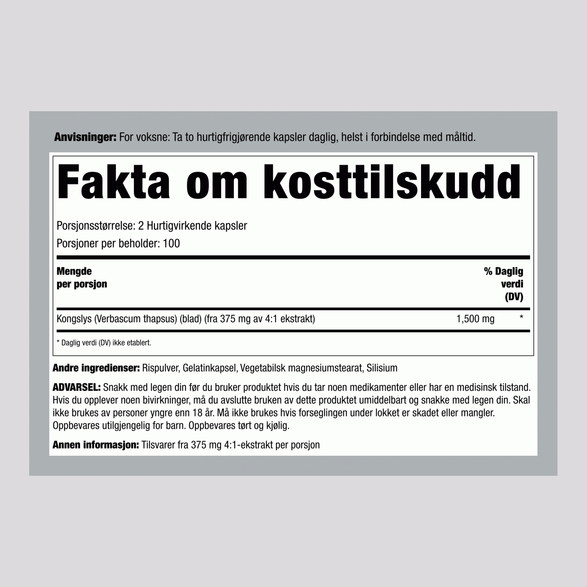 Kongelysblader (Gordolobo),  1500 mg (per dose) 200 Hurtigvirkende kapsler 2 Flasker