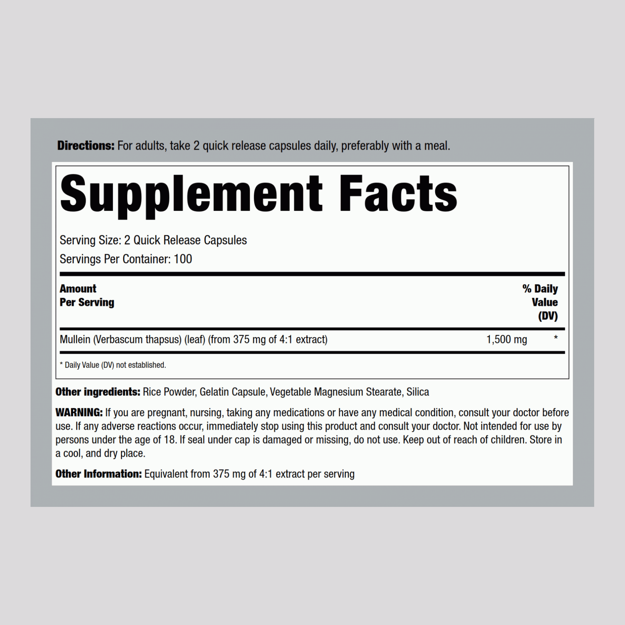 Feuille de molène (Gordolobo),  1500 mg (par portion) 200 Gélules à libération rapide 2 Bouteilles