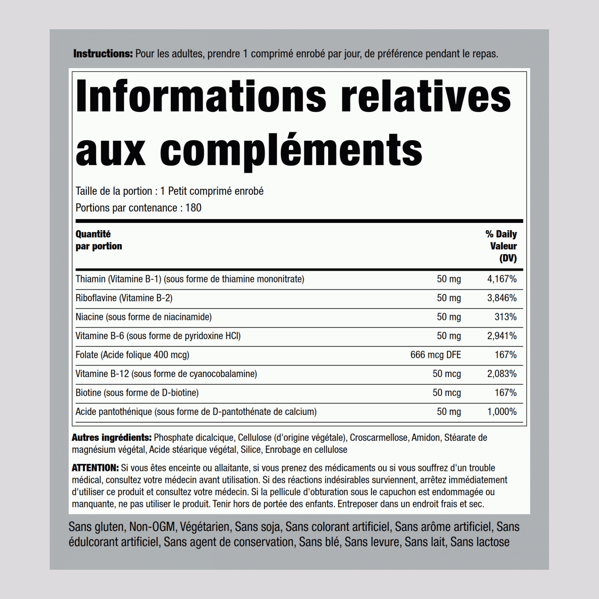 Complexe B Vitamine B-50,  180 Petits comprimés enrobés 2 Bouteilles