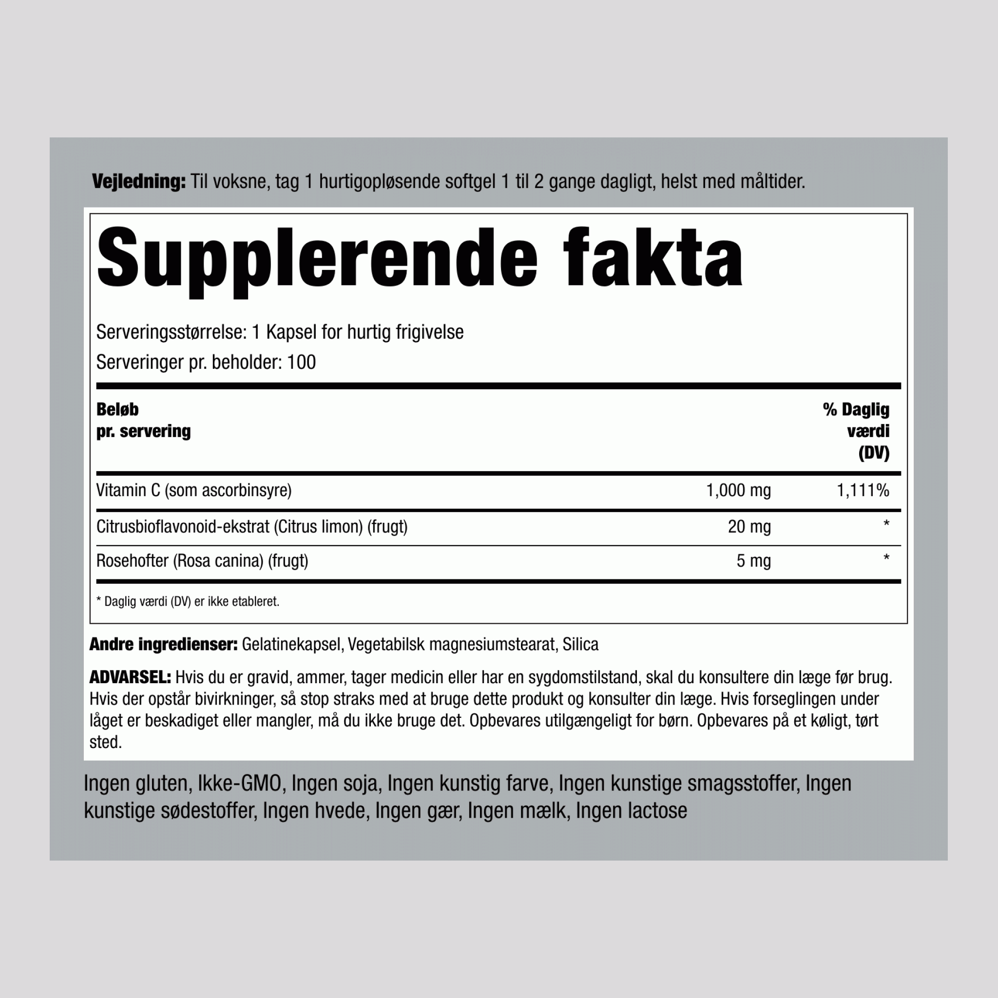 Vitamin C 1000mg m/bioflavonoider og hyben 100 Kapsler for hurtig frigivelse      