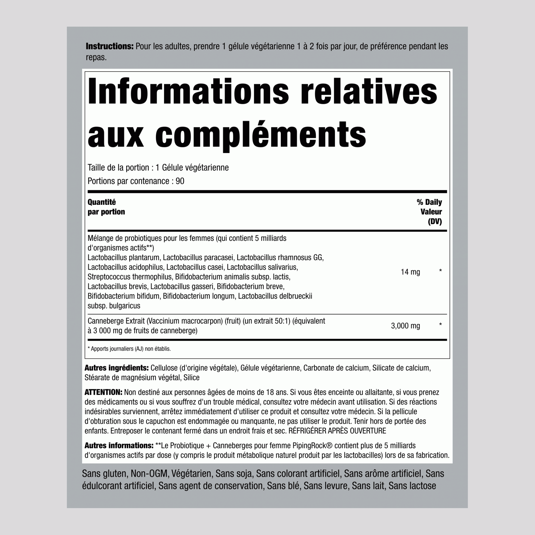 Probiotique pour les femmes à base de 8 souches, 5 milliards d'organismes et de canneberge,  90 Gélules végétales