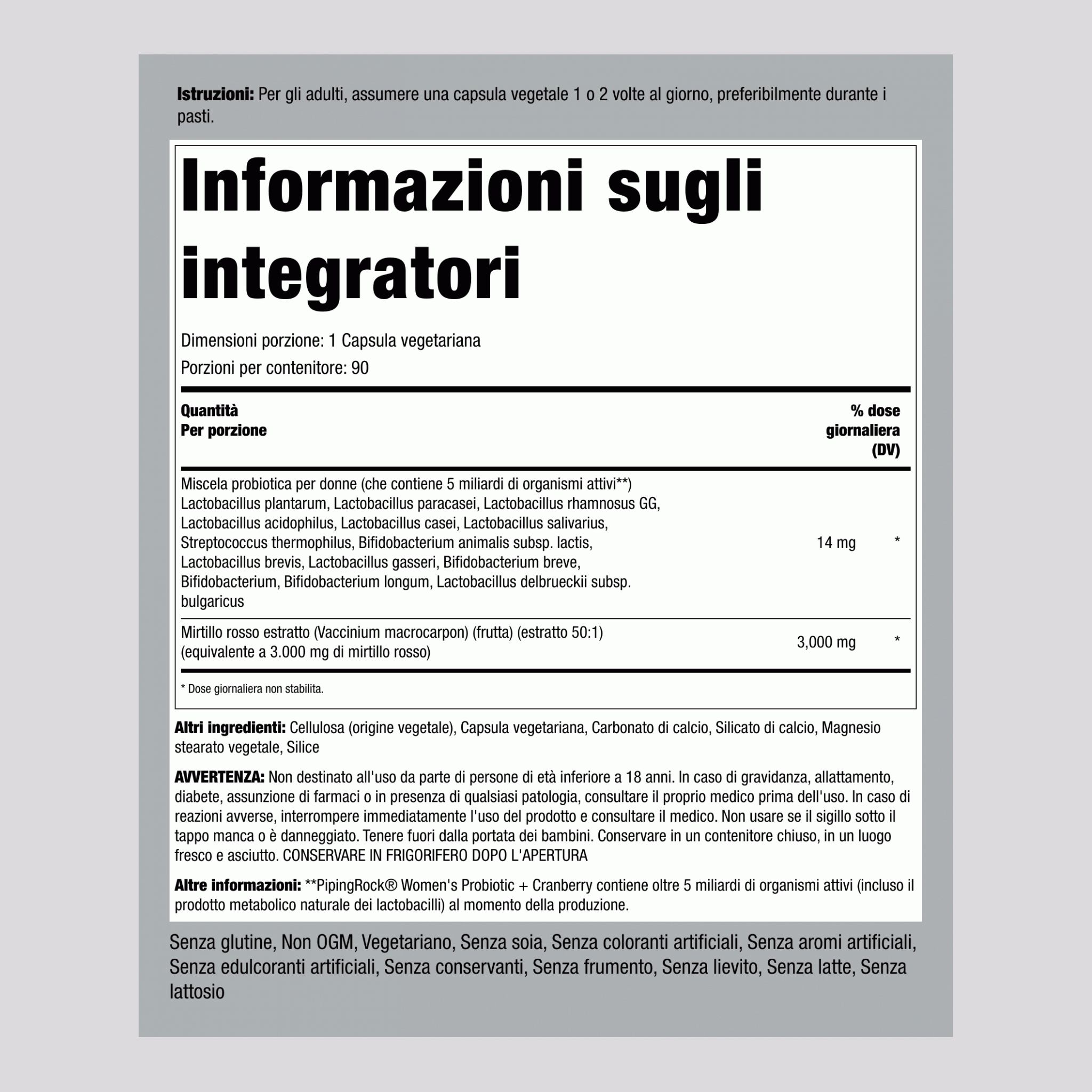 Probiotico per donna; 8 ceppi, 5 miliardi di organismi, con mirtillo rosso,  90 Capsule vegetariane