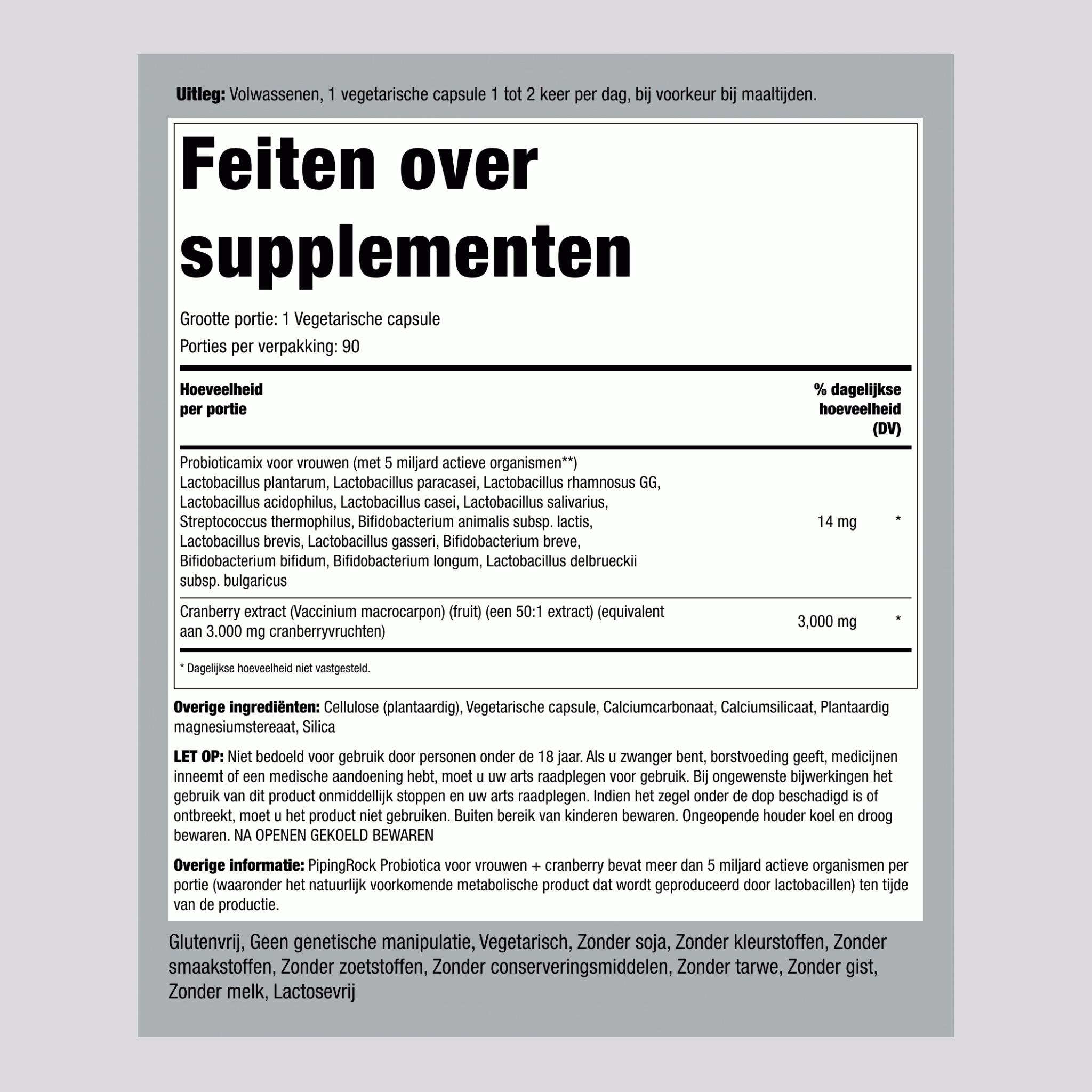 Probiotica voor vrouwen 8 stammen 5 miljard organismen plus cranberry,  90 Vegetarische capsules