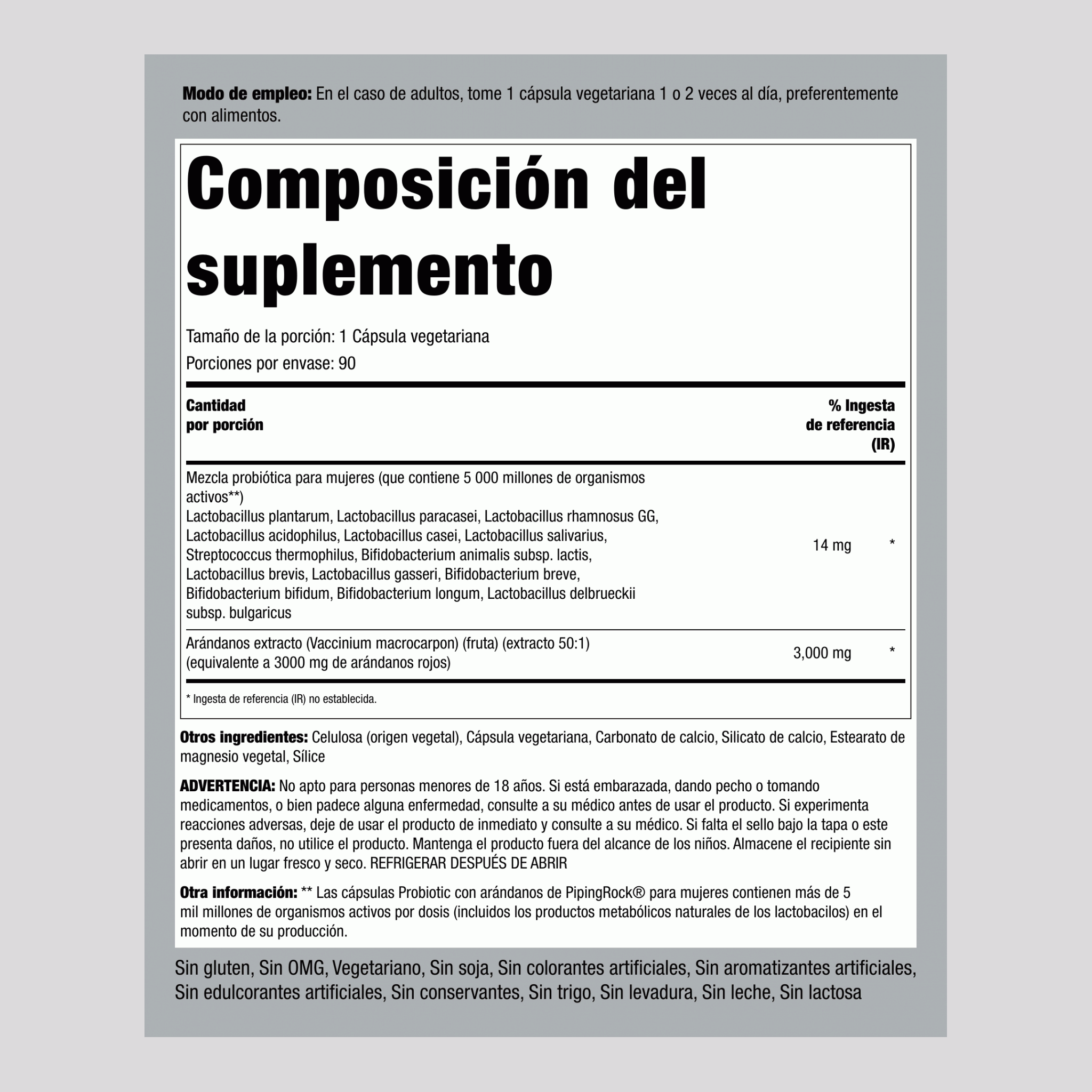 Probiótico para mujeres (8 cepas y 5000 millones de organismos) con arándano,  90 Cápsulas vegetarianas 2 Botellas/Frascos