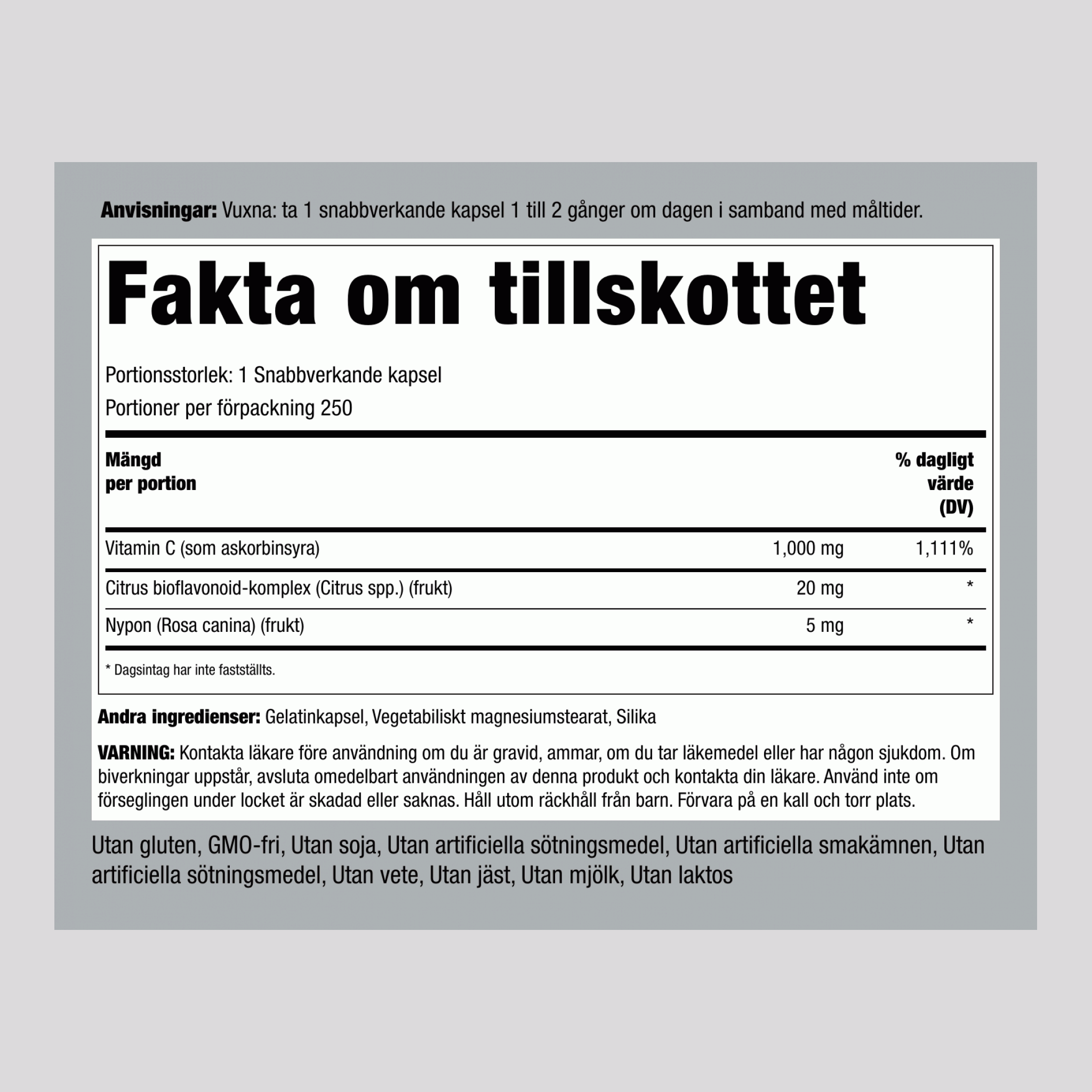 Vitamin C 1000mg med bioflavonoider och nypon 250 Snabbverkande kapslar       