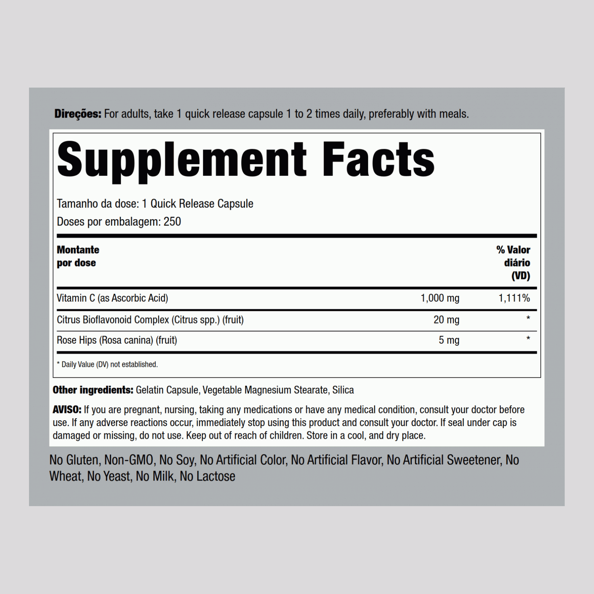 Vitamina C 1000mg c/ bioflavonóides e frutos de roseira brava 250 Cápsulas de Rápida Absorção       