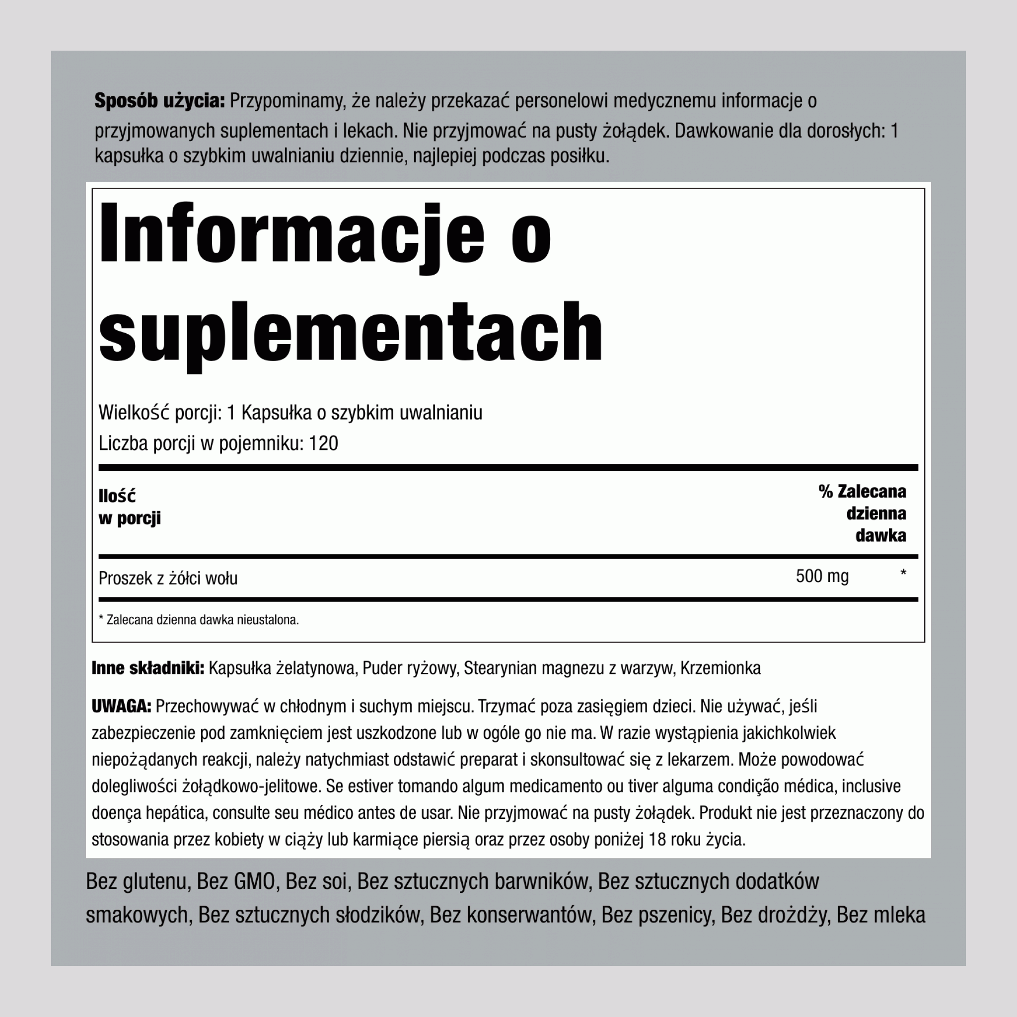 Żółć wołowa, 500 mg (na porcję), 120 kapsułek szybkouwalniających