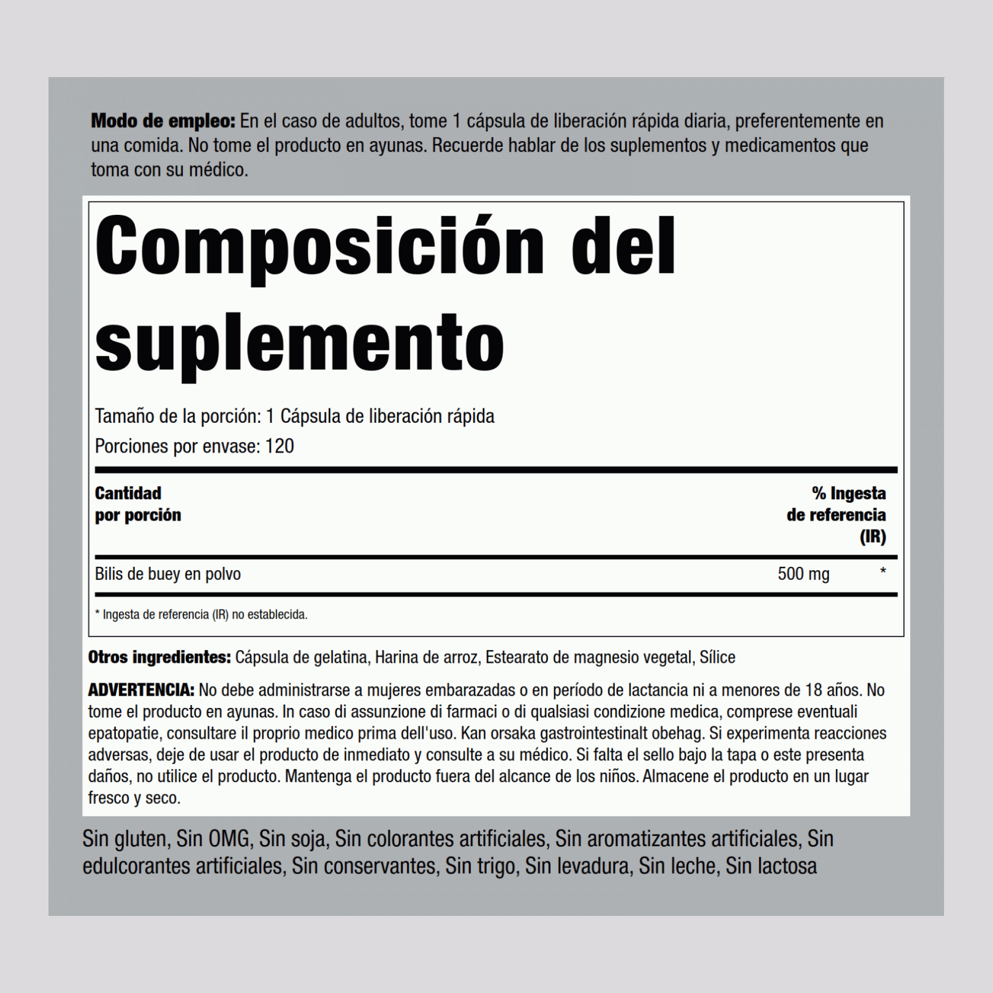 Hiel de buey  1000 mg (por porción) 100 Cápsulas de liberación rápida     