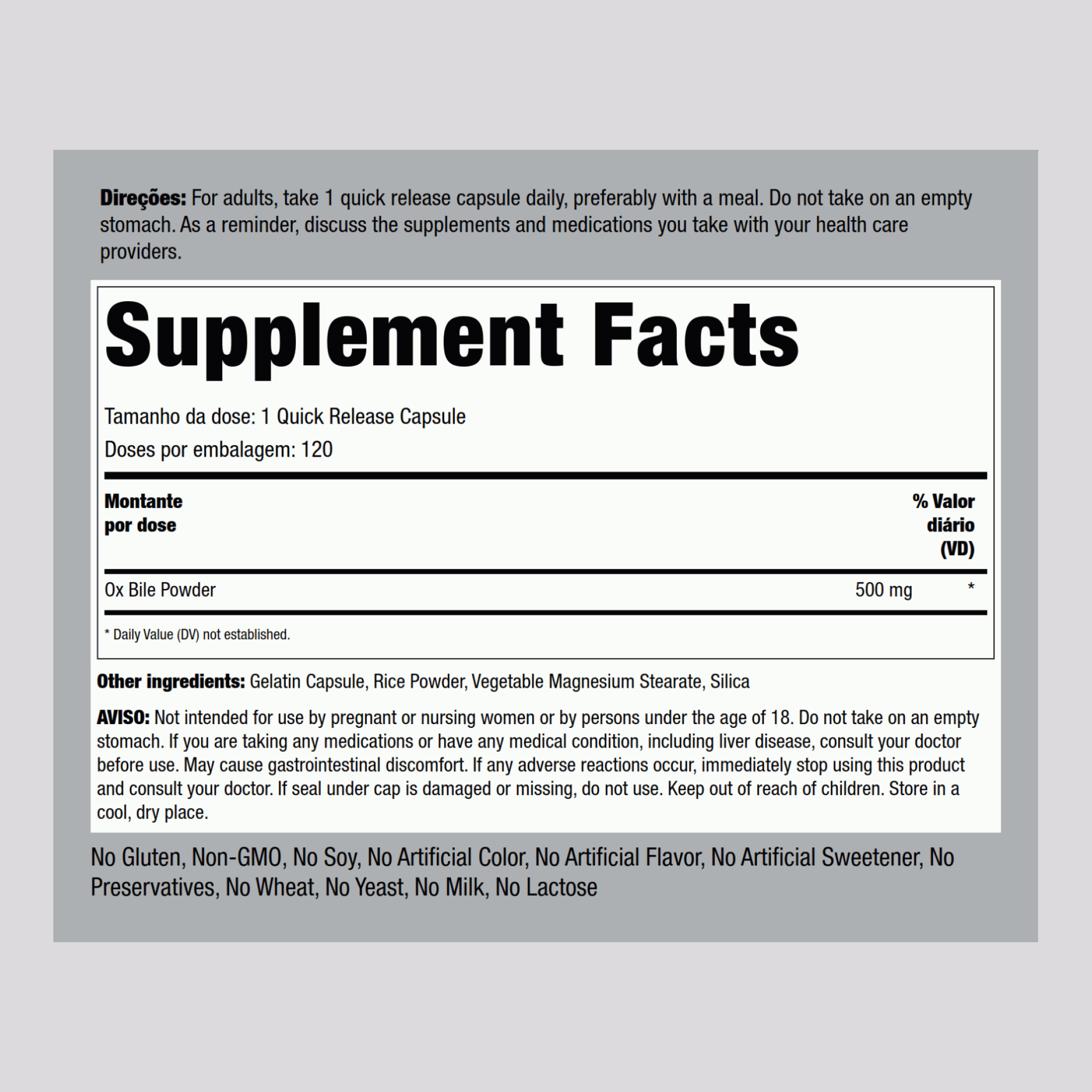 Bílis de Boi  1000 mg (por dose) 100 Cápsulas de Rápida Absorção     