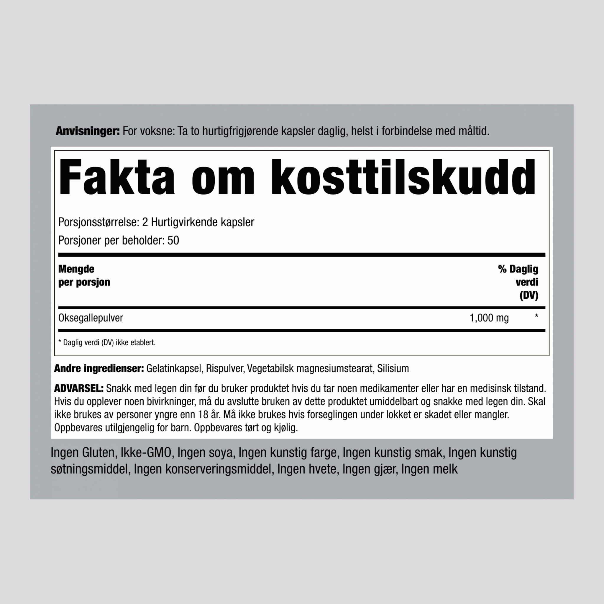 Oksegalle  1000 mg (per dose) 120 Hurtigvirkende kapsler 2 Flasker   