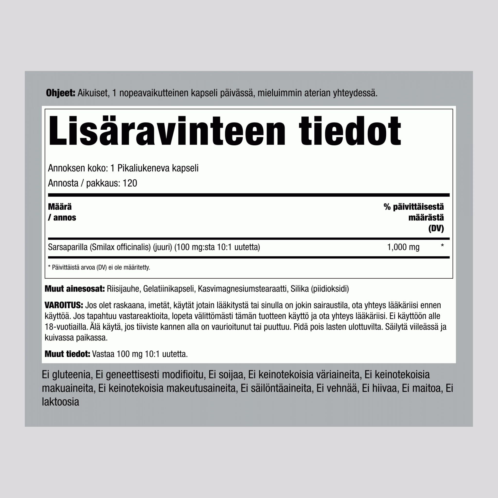 Sarsaparillanjuuri ,  1000 mg 120 Pikaliukenevat kapselit 2 Pulloa