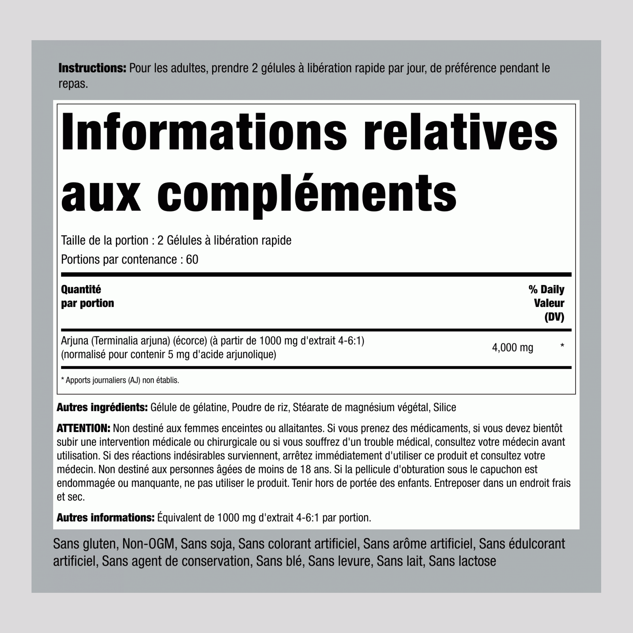 Arjuna 4000 mg (par portion) 120 Gélules à libération rapide     