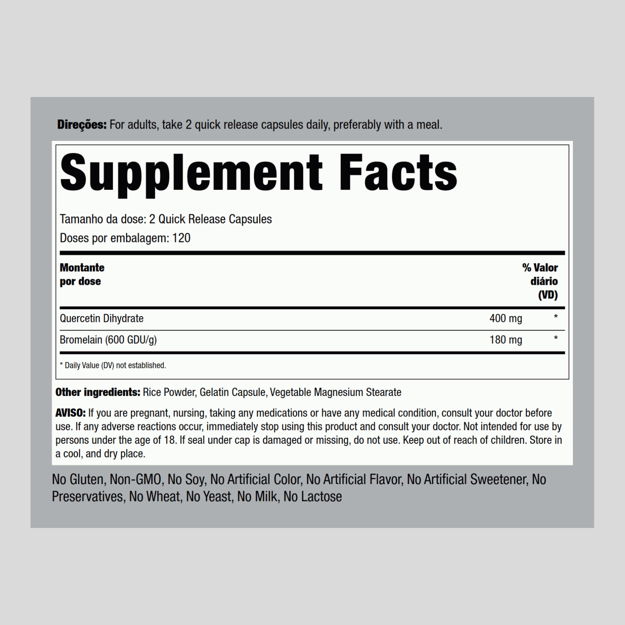 Quercetina Plus bromelaína 400 mg (por dose) 240 Cápsulas de Rápida Absorção     