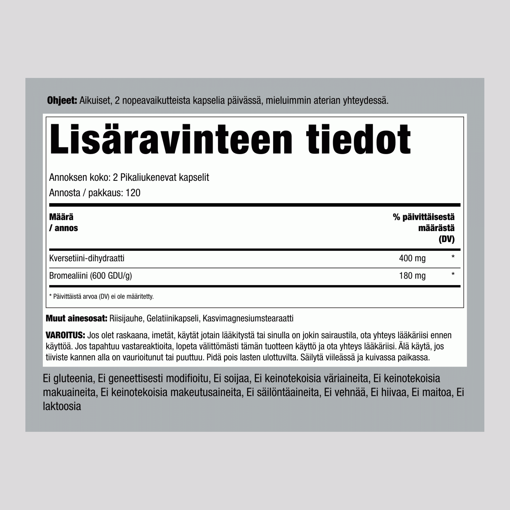 Kversetiini Plus Bromelaiini, 360 mg (annosta kohti), 240 Nopea Vapautus Kapselia, 2 Pulloa