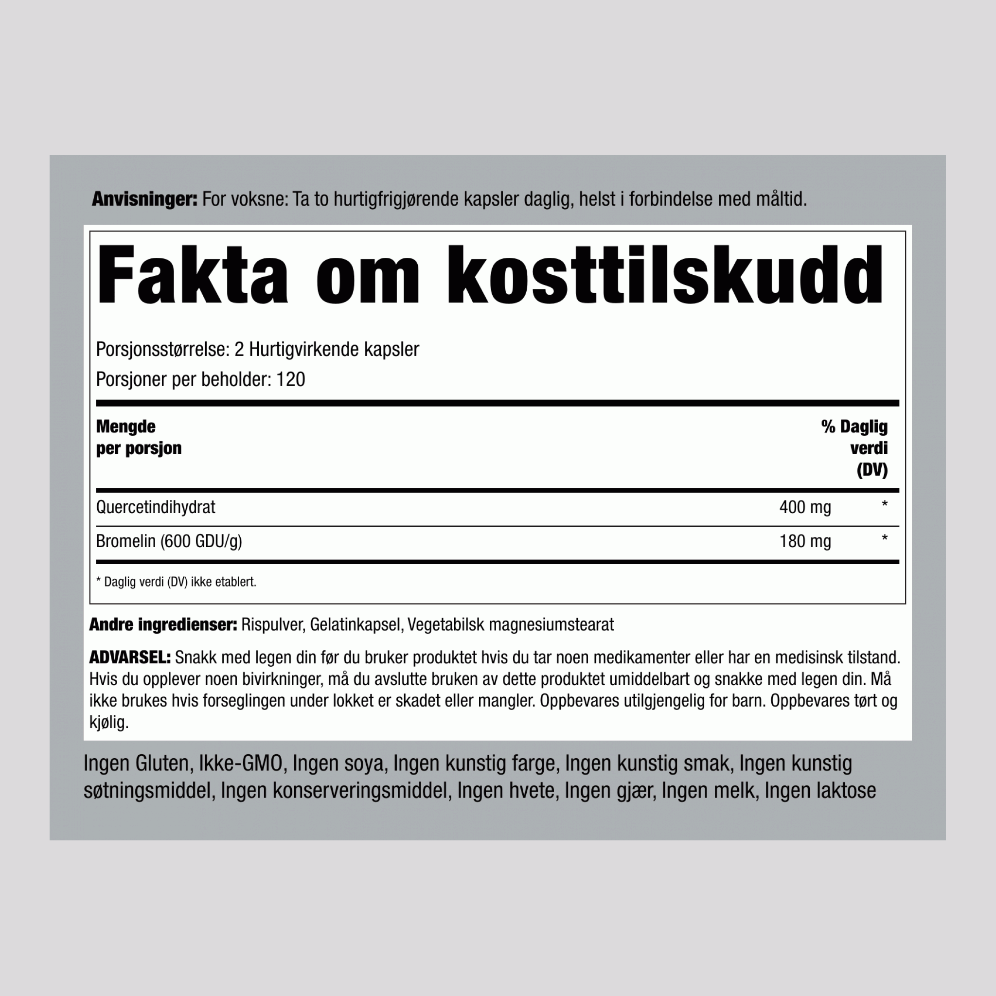 Quercetin pluss bromelain, 360 mg (per porsjon), 240 hurtigfrigjørende kapsler, 2 flasker