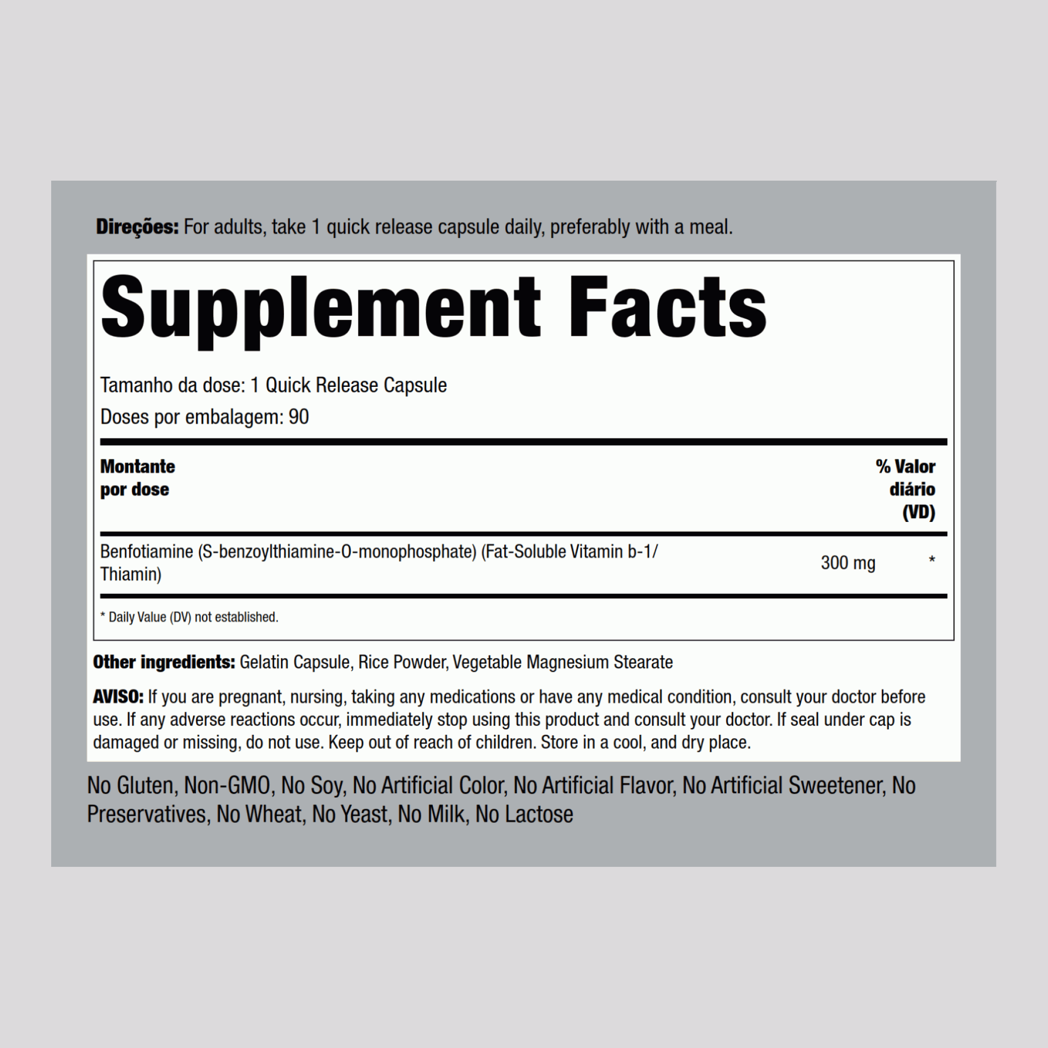 Benfotiamina (Vitamina B-1 solúvel em gordura) 300 mg 90 Cápsulas de Rápida Absorção     