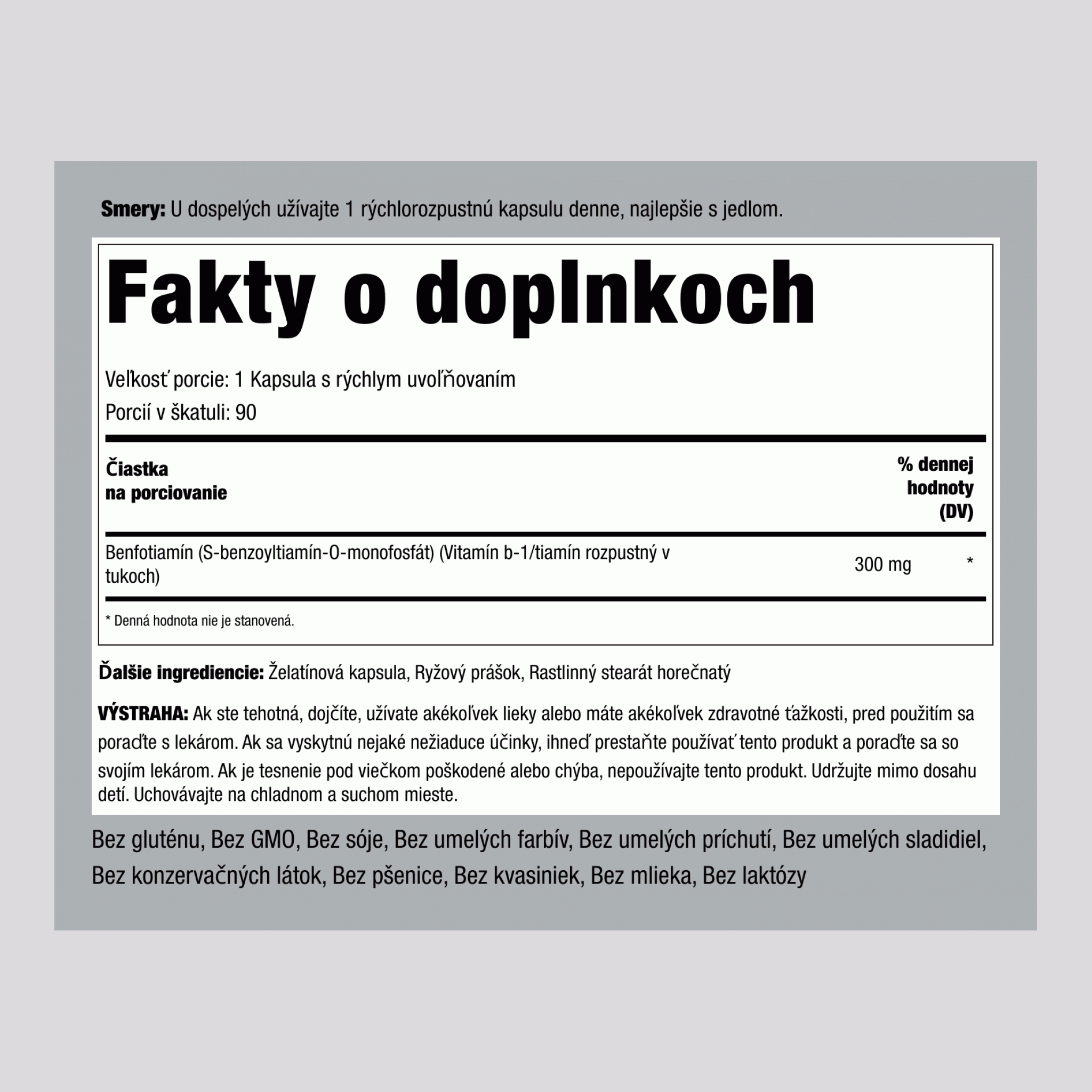 Benfotiamín (v tuku rozpustný vitamín B-1),  300 mg 90 Kapsule s rýchlym uvoľňovaním 2 Fľaše