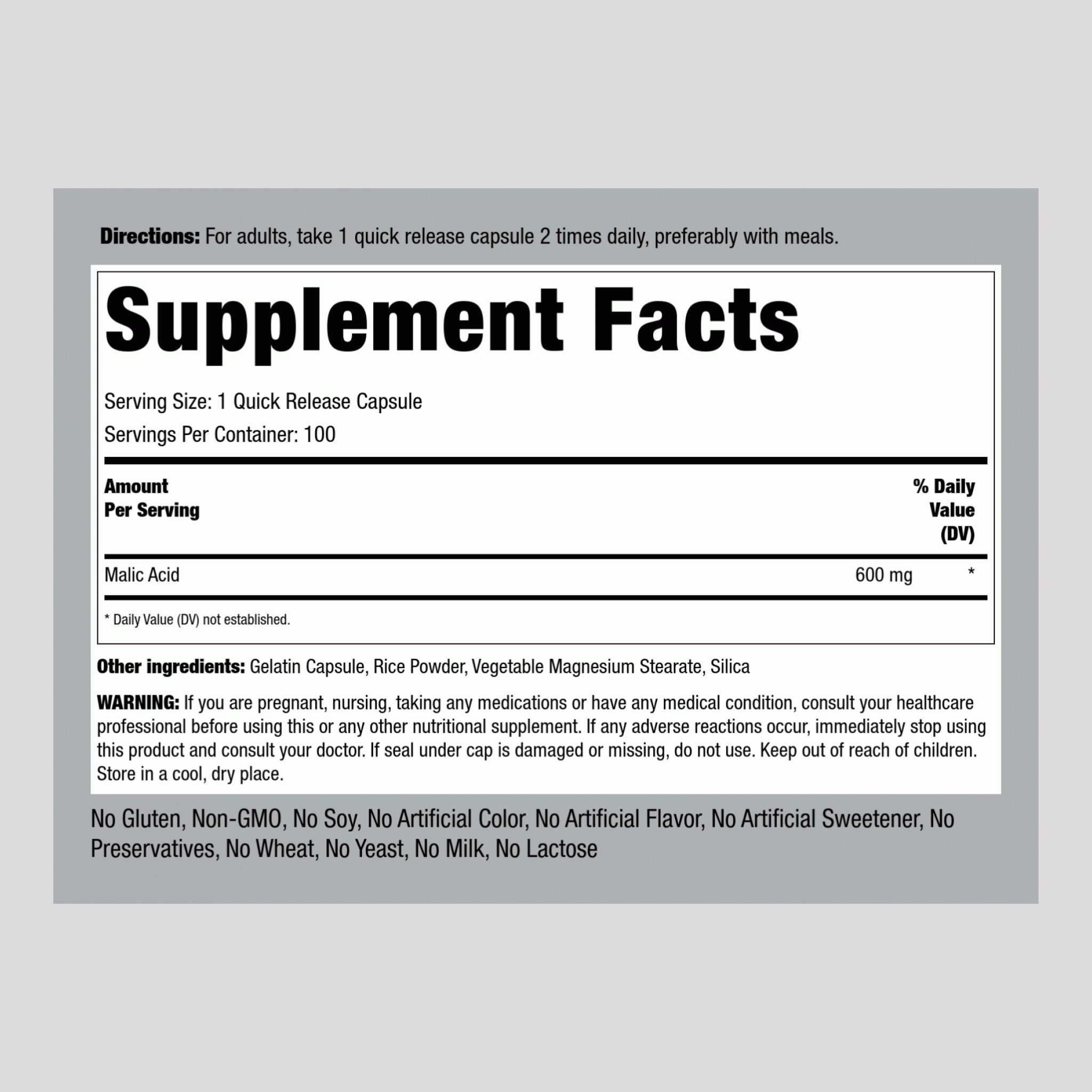 Malic Acid, 600 mg, 100 Quick Release Capsules