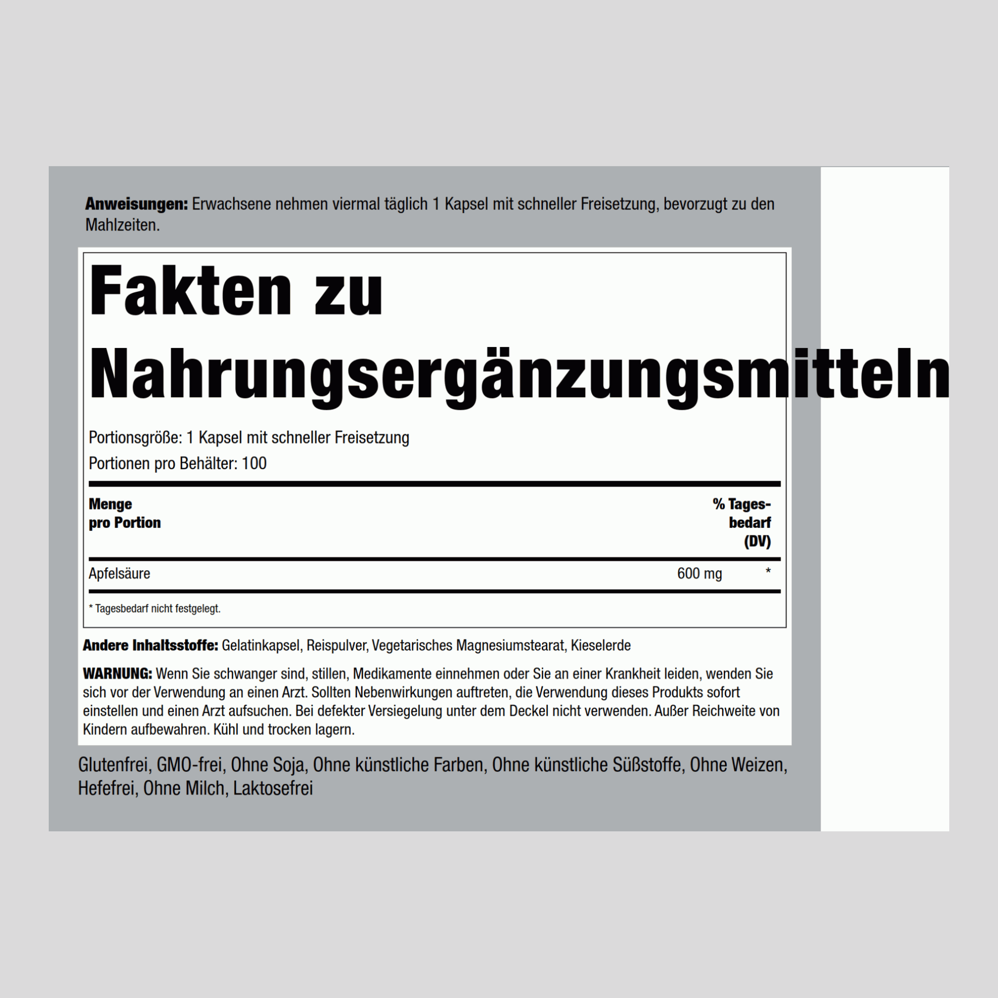 Apfelsäure 600 mg 100 Kapseln mit schneller Freisetzung     