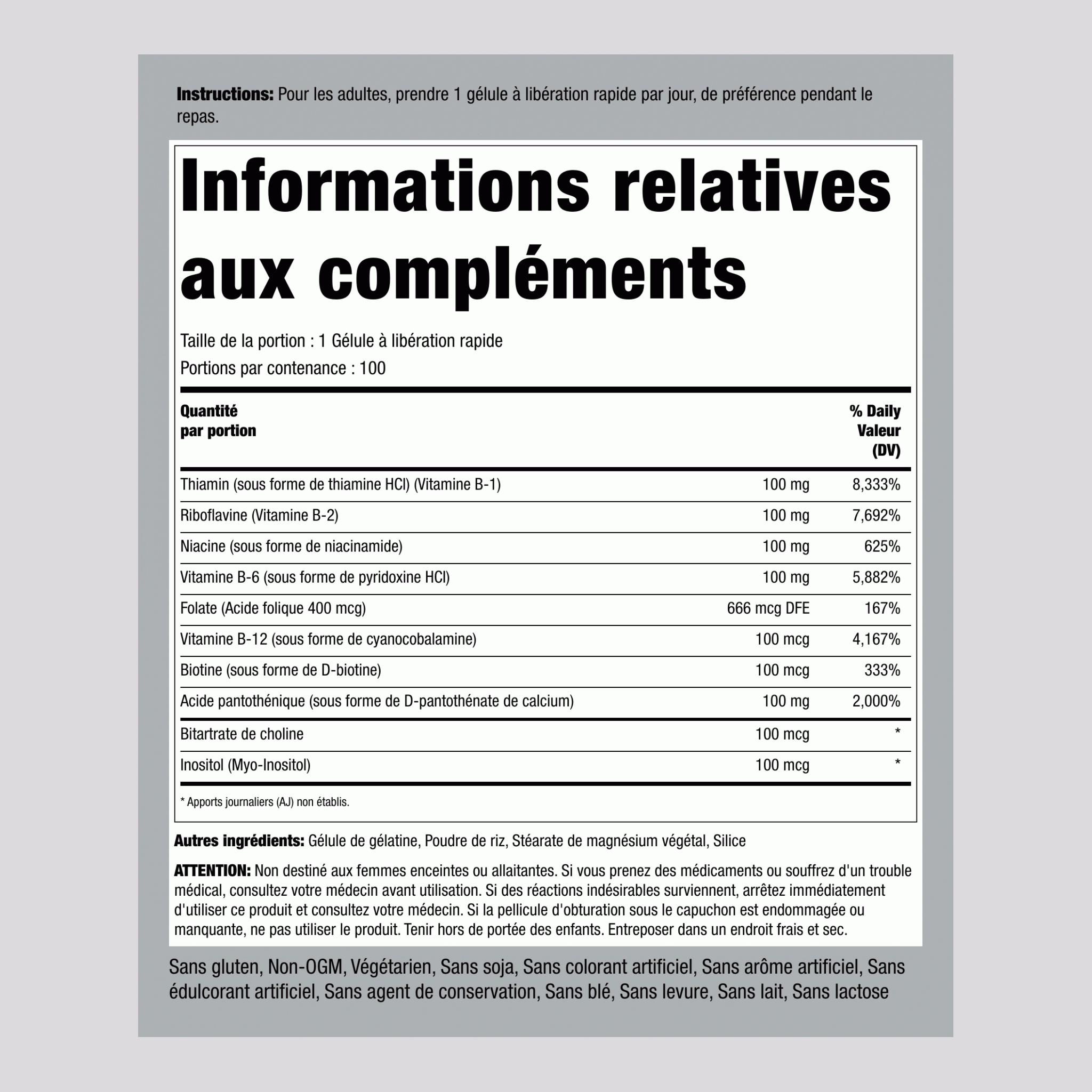 Complexe B Vitamine B-100 100 Gélules à libération rapide       