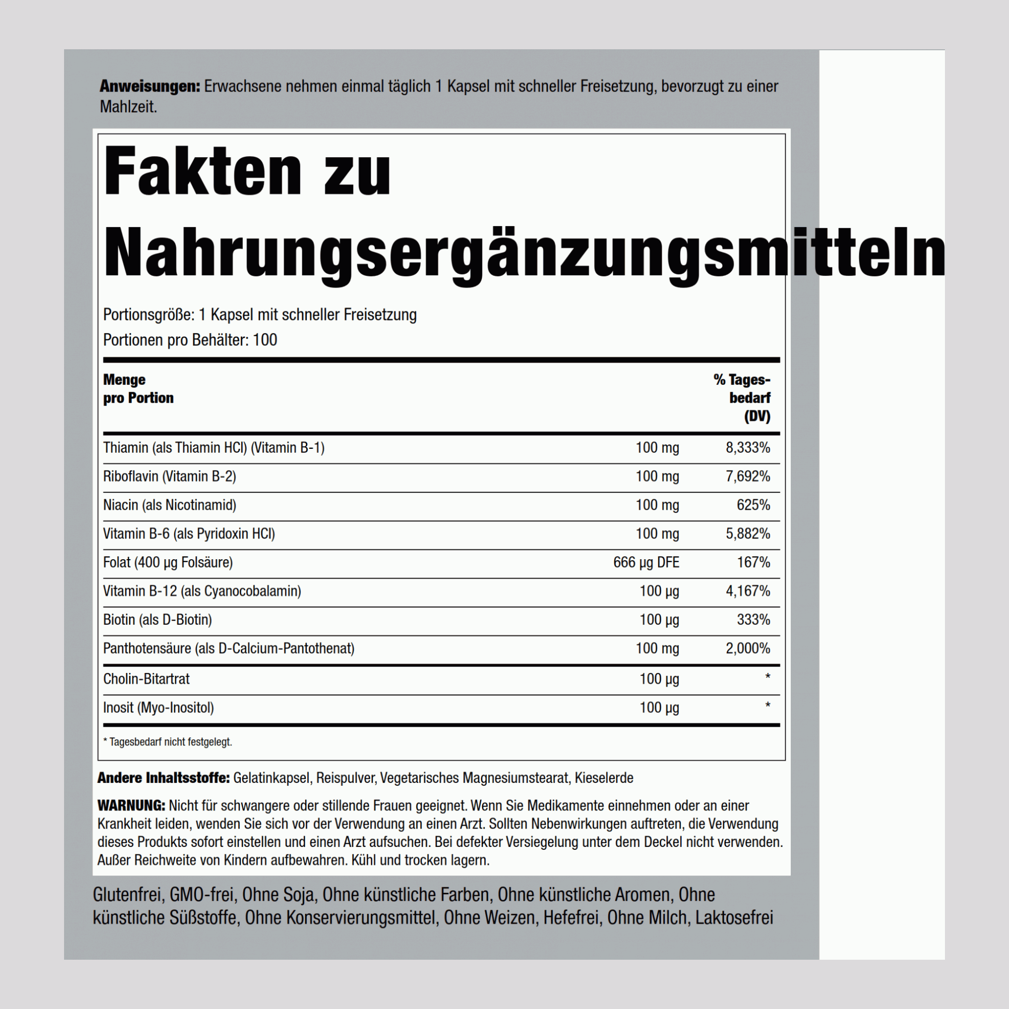 B-100-Vitamin-B-Komplex 100 Kapseln mit schneller Freisetzung       