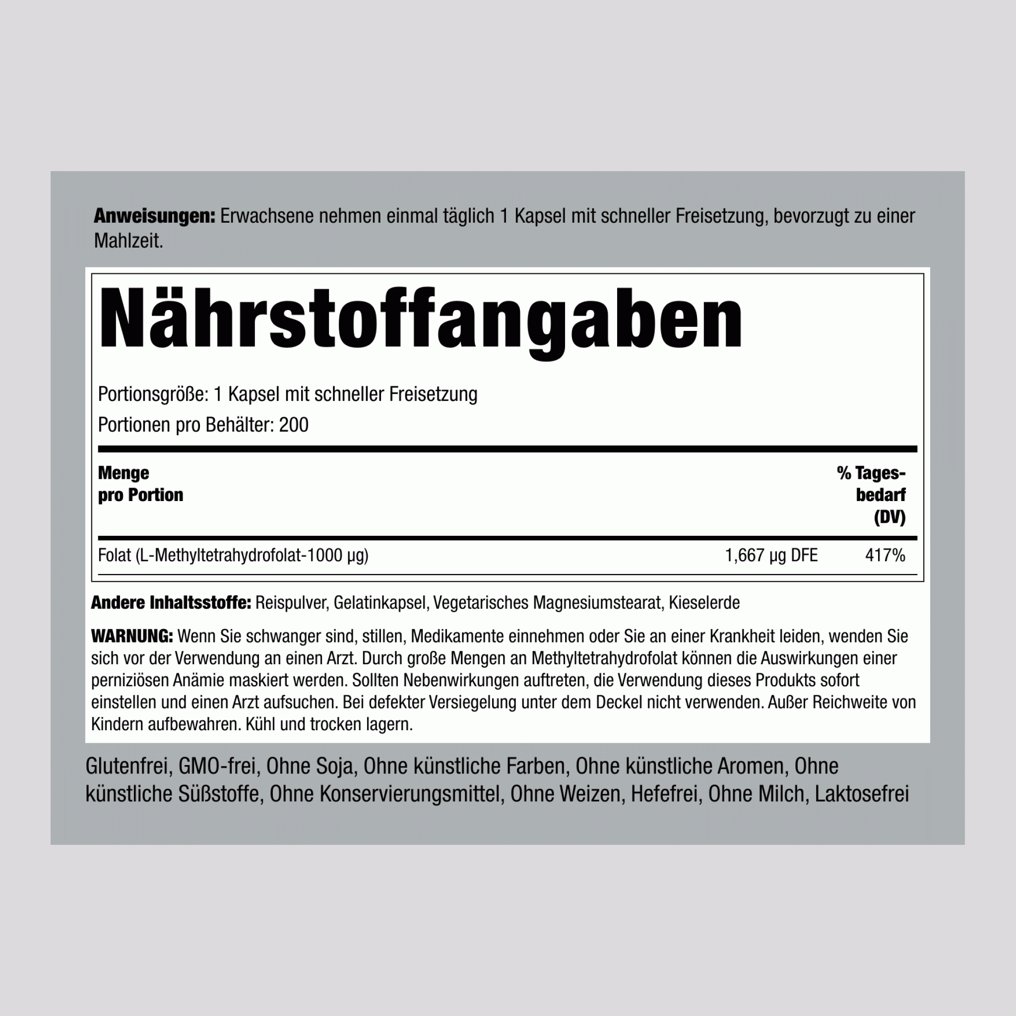 L-Methyltetrahydrofolat-Tabletten, 1000 µg 1000 µg 200 Kapseln mit schneller Freisetzung     