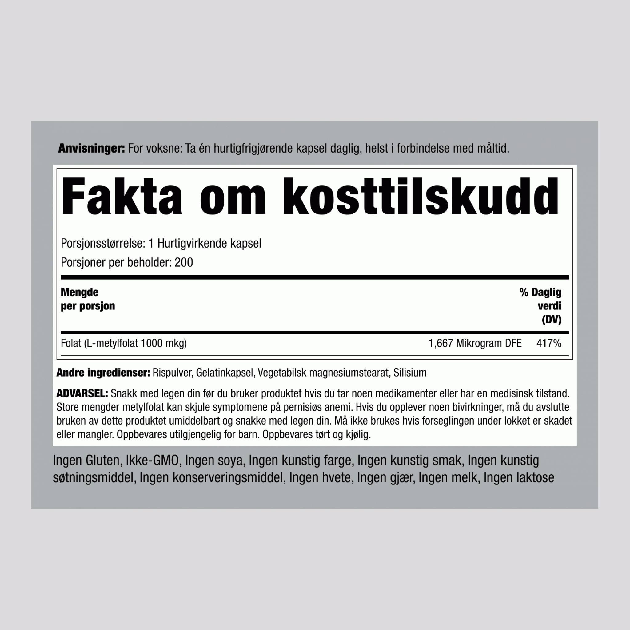 L-metylfolat 1000 mkg tabletter 1000 mcg 200 Hurtigvirkende kapsler     