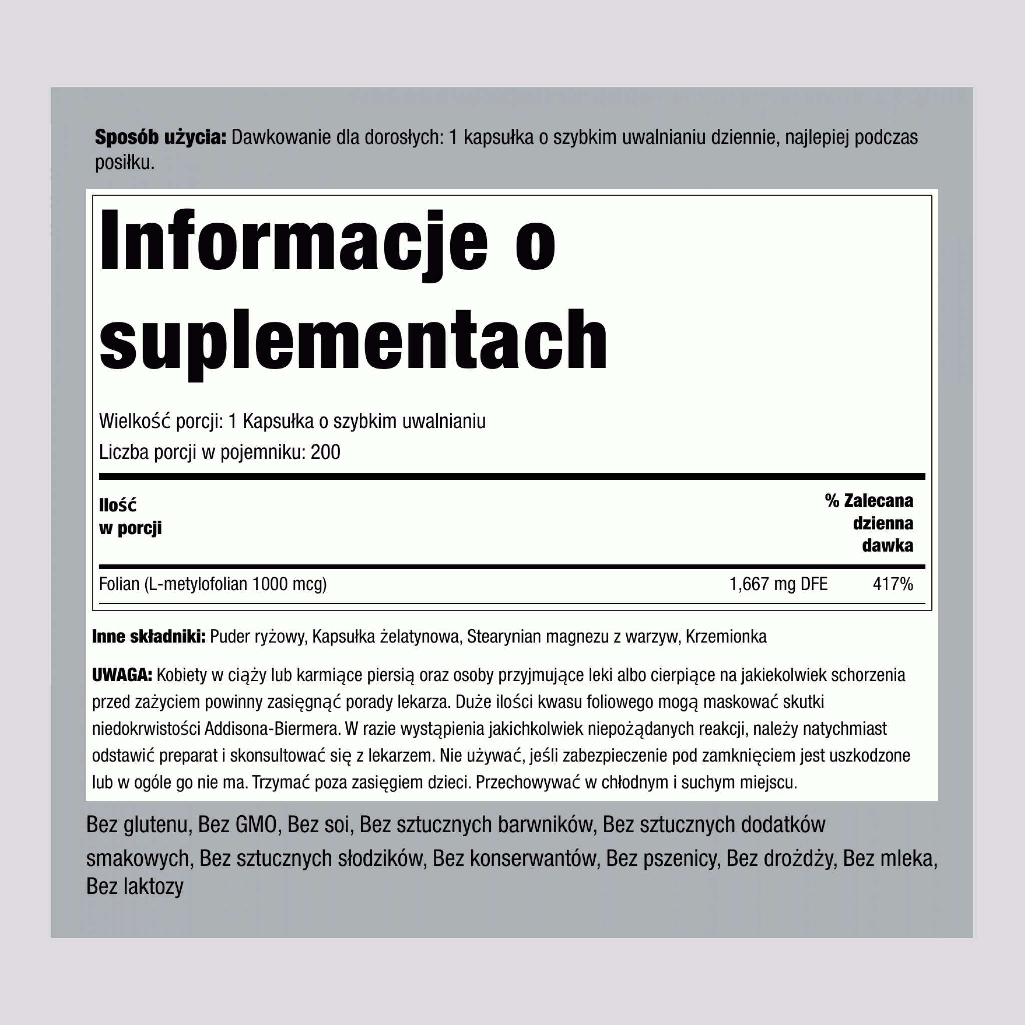 Tabletki z kwasem lewomefoliowym 1000 mcg 1000 mcg 200 Kapsułki o szybkim uwalnianiu     