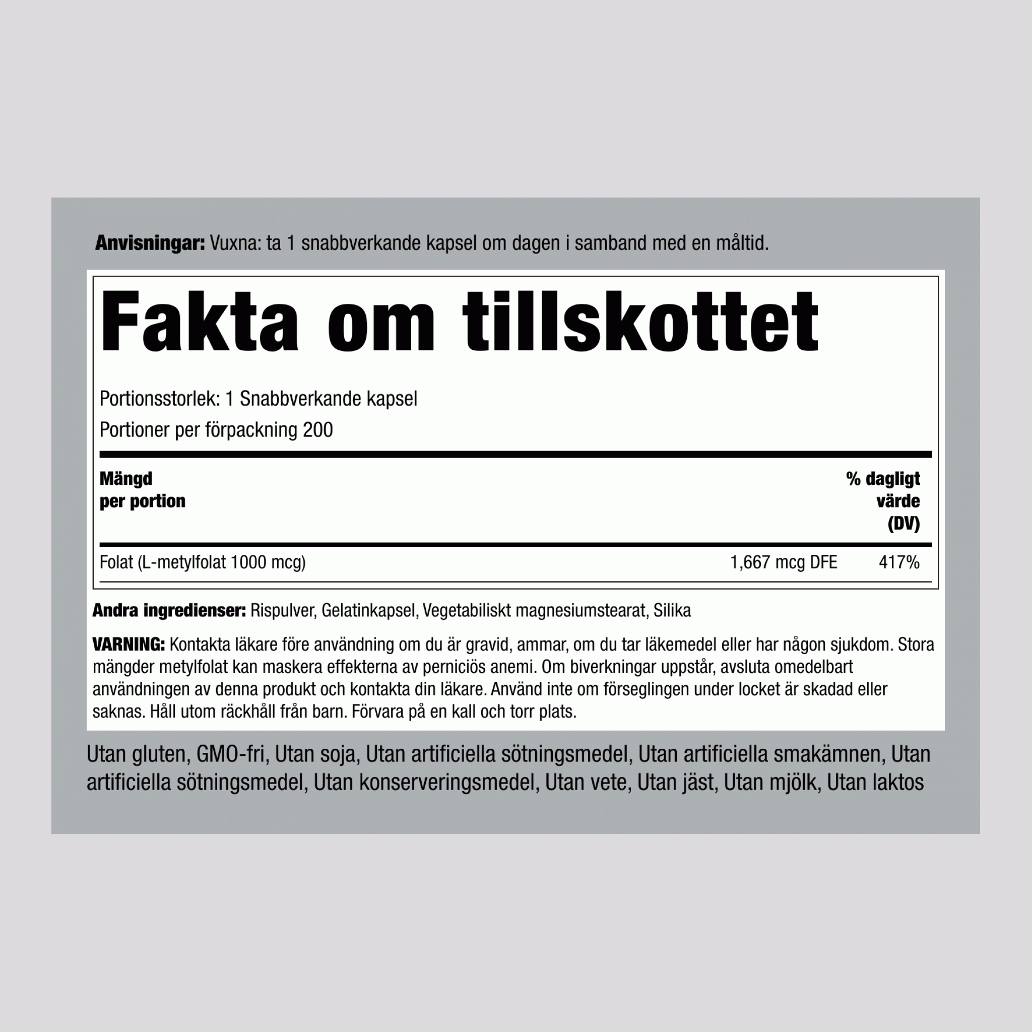 L-metylfolat 1000 mcg-tabletter 1000 mcg 200 Snabbverkande kapslar     