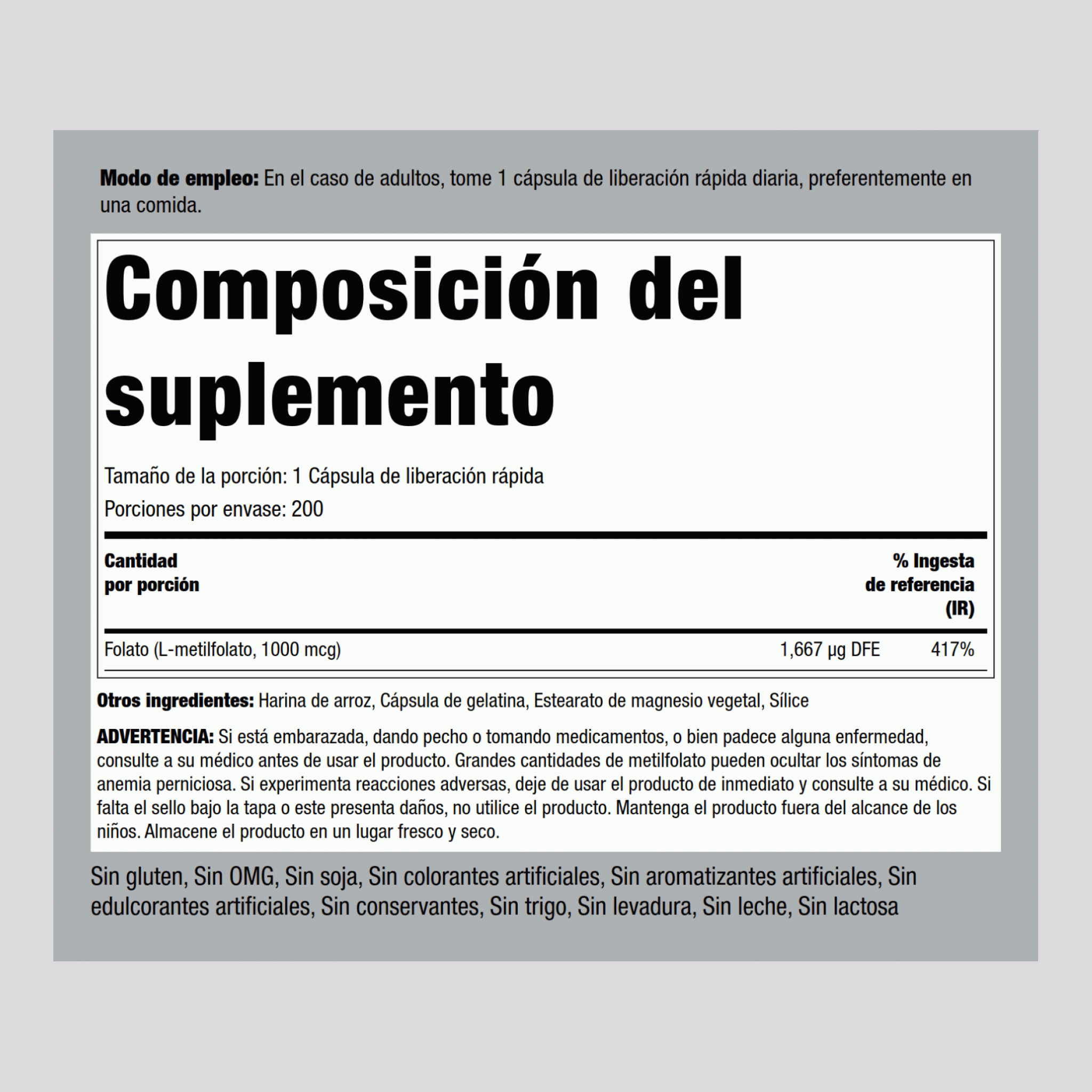 Comprimidos de L-metilfolato, 1000 mcg 1000 mcg 200 Cápsulas de liberación rápida     