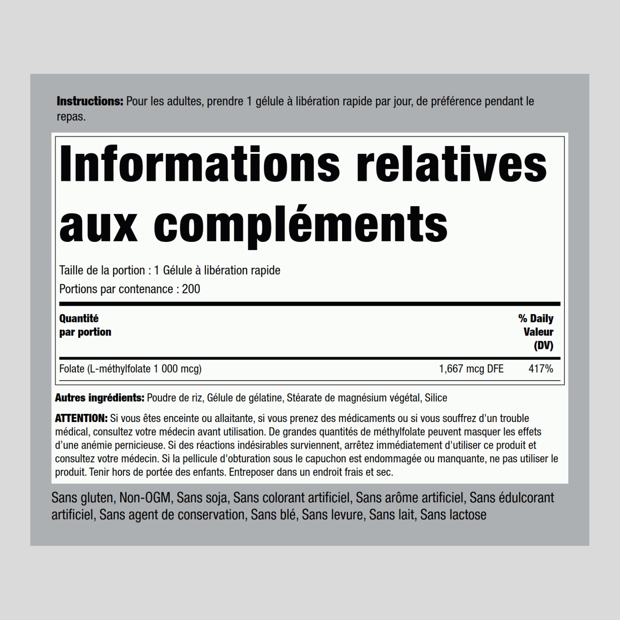 Comprimés de L-méthylfolate 1 000 mcg 1000 mcg 200 Gélules à libération rapide     