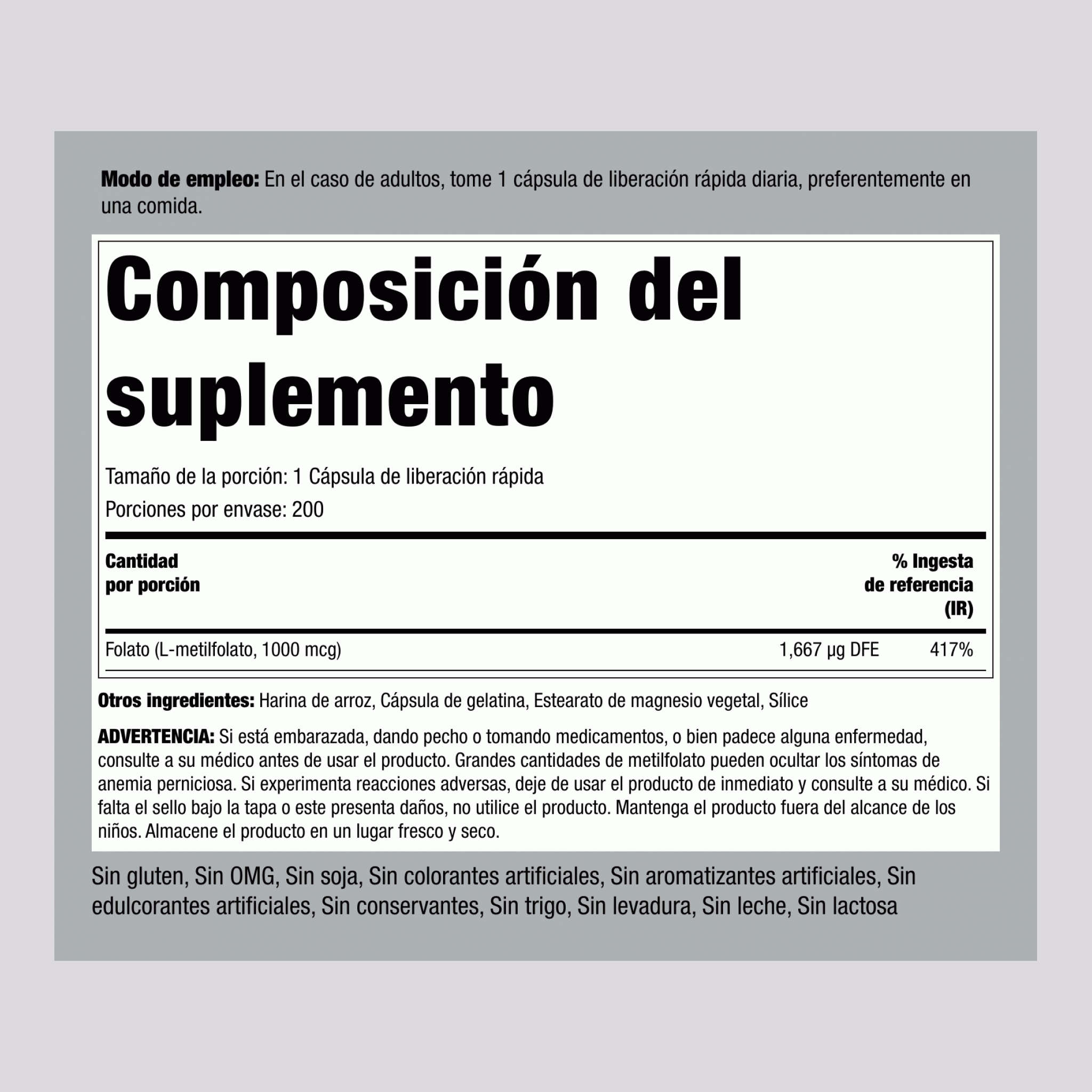 Comprimidos de L-metilfolato, 1000 mcg,  1000 mcg 200 Cápsulas de liberación rápida 2 Botellas/Frascos