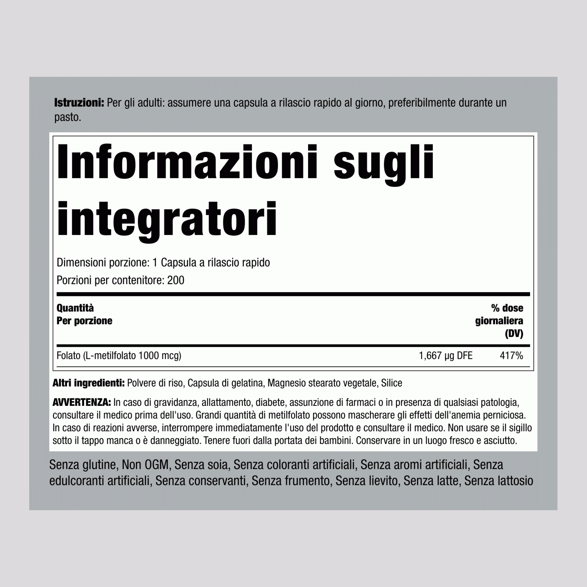 Compresse di L-metilfolato 1000 mcg,  1000 mcg 200 Capsule a rilascio rapido 2 Bottiglie