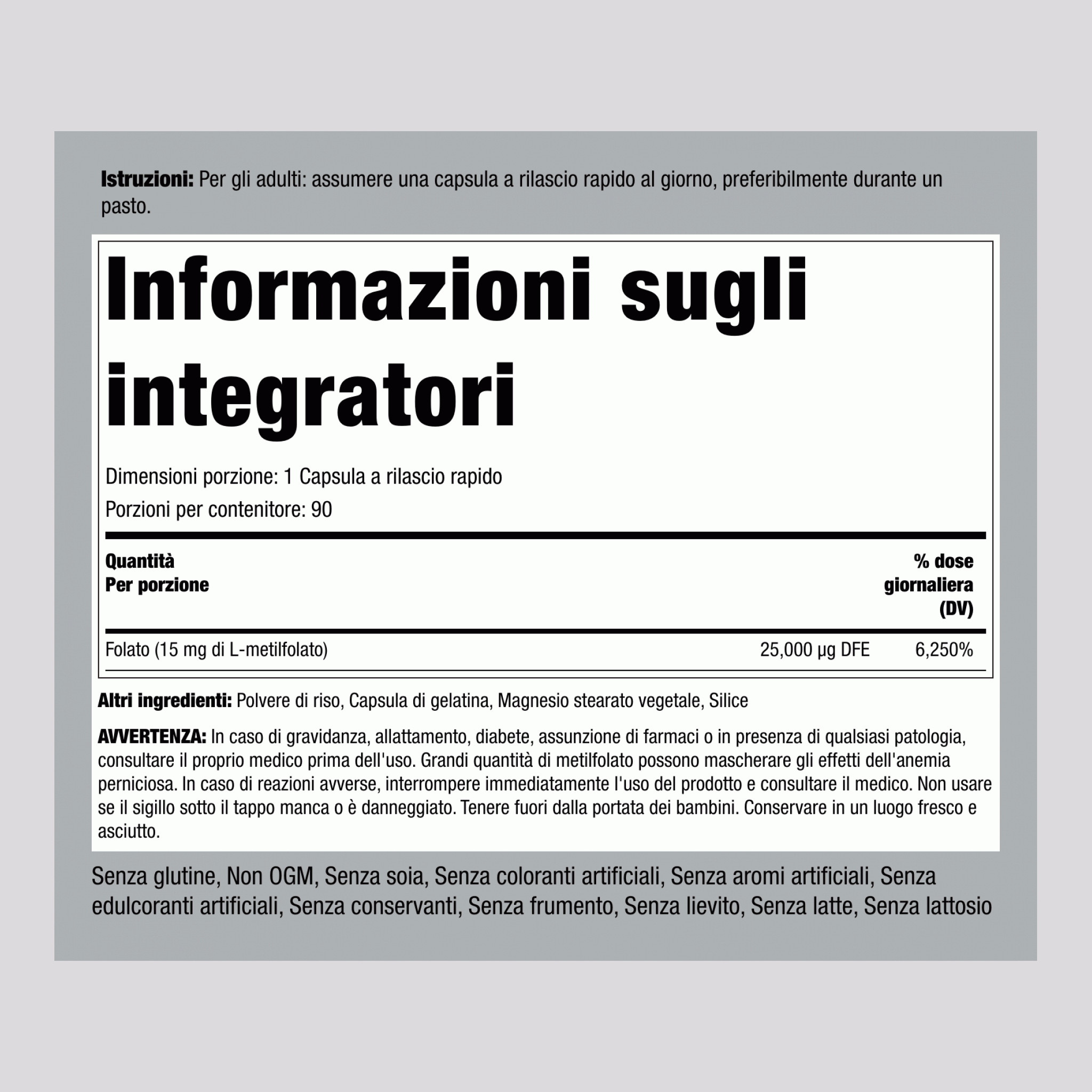 Compresse di L-metilfolato 1000 mcg,  15 mg 90 Capsule a rilascio rapido 2 Bottiglie