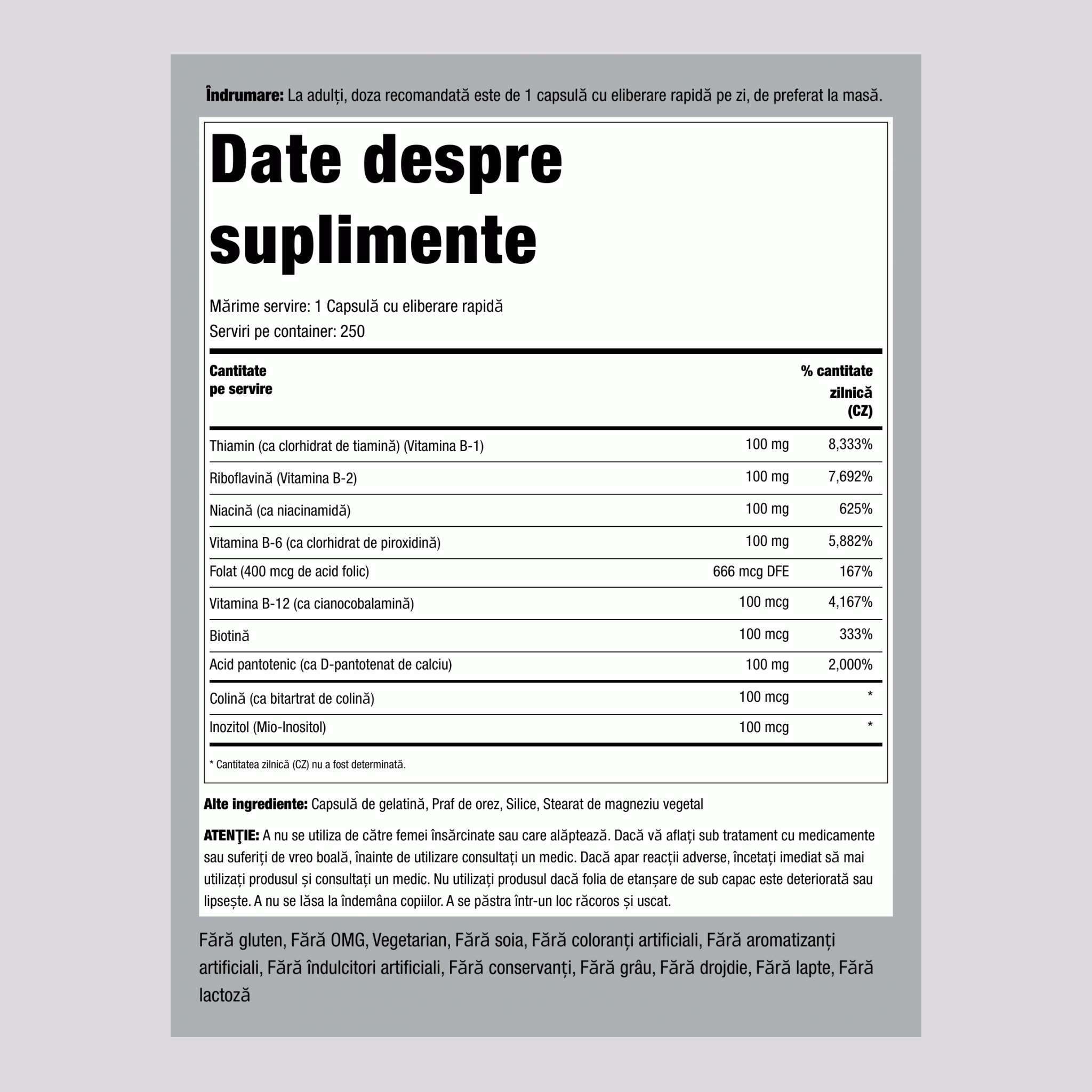 B-100 Complex de vitamina B 250 Capsule cu eliberare rapidă       