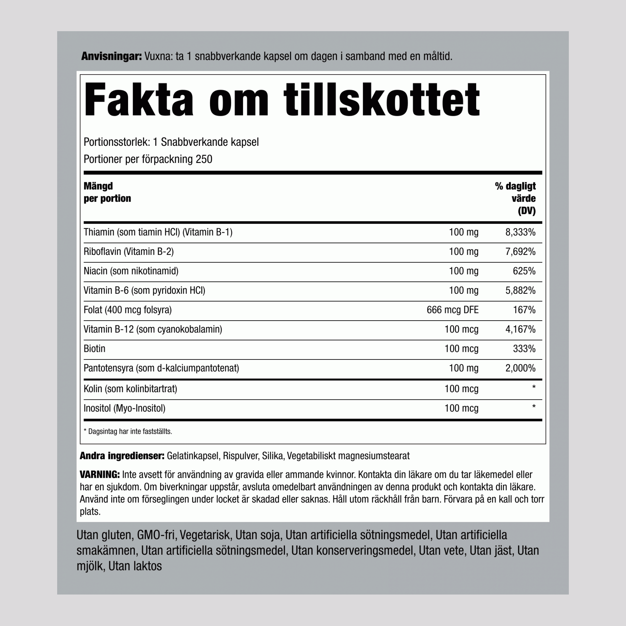 B-100 vitamin B-sammansättning 250 Snabbverkande kapslar       