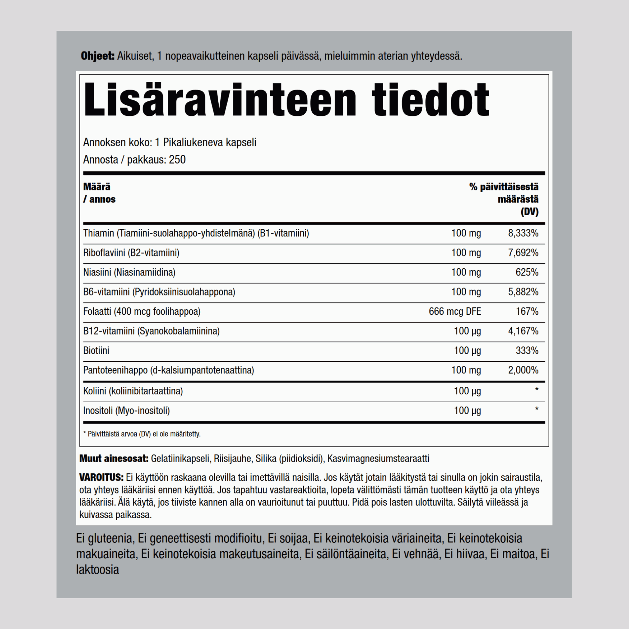 B-100 B-vitamiinikompleksi 250 Pikaliukenevat kapselit       