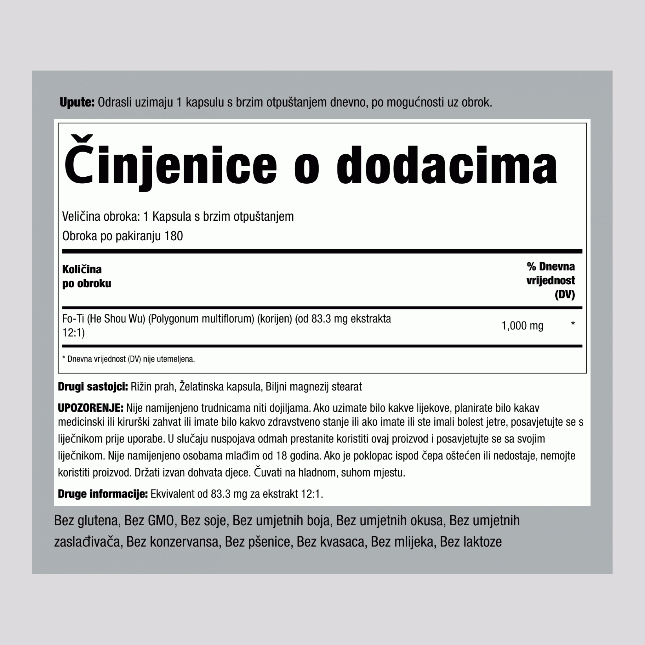 Fo-Ti Root He-Shou-Wu  1000 mg 180 Kapsule s brzim otpuštanjem     