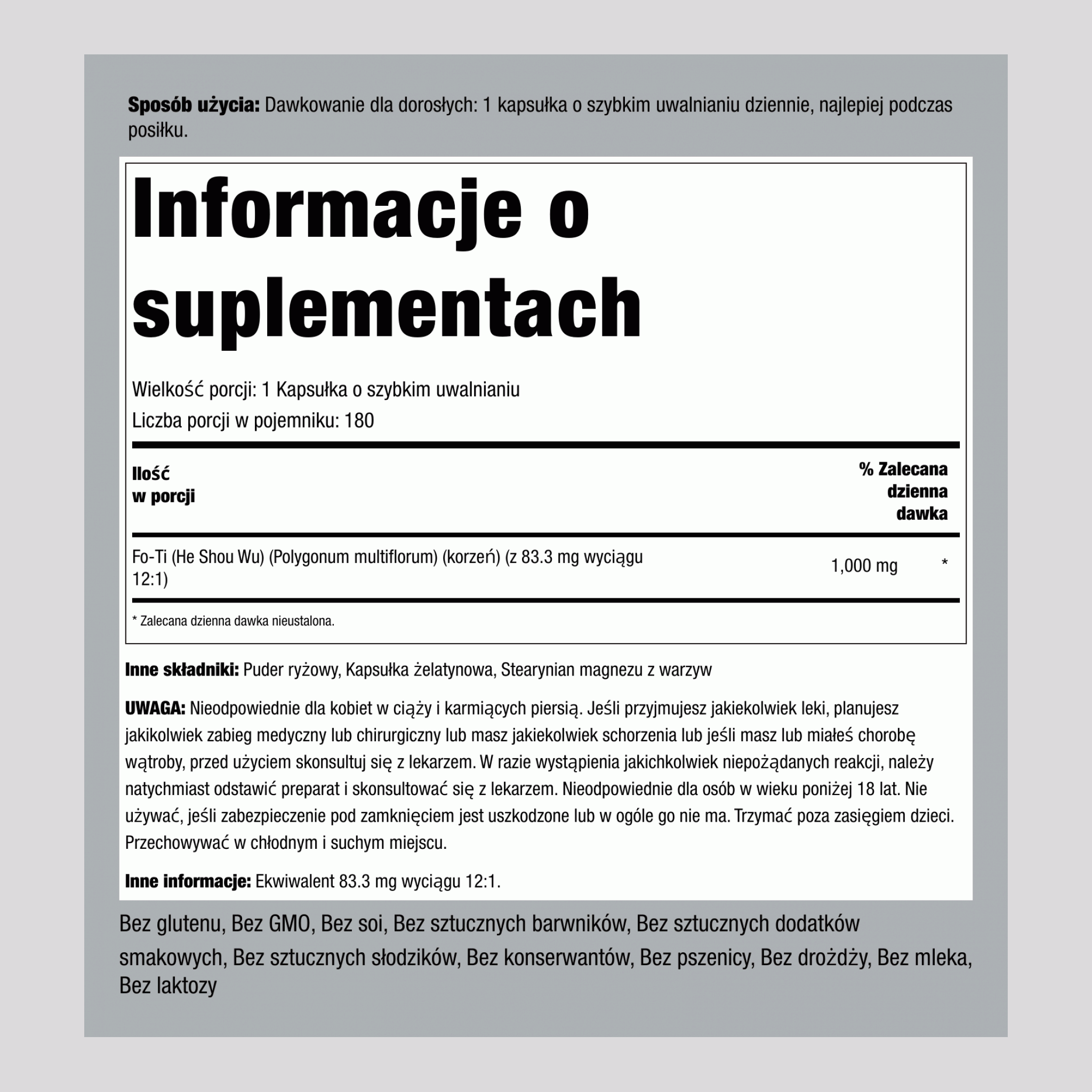 Korzeń Fo-Ti He-Shou-Wu  1000 mg 180 Kapsułki o szybkim uwalnianiu     