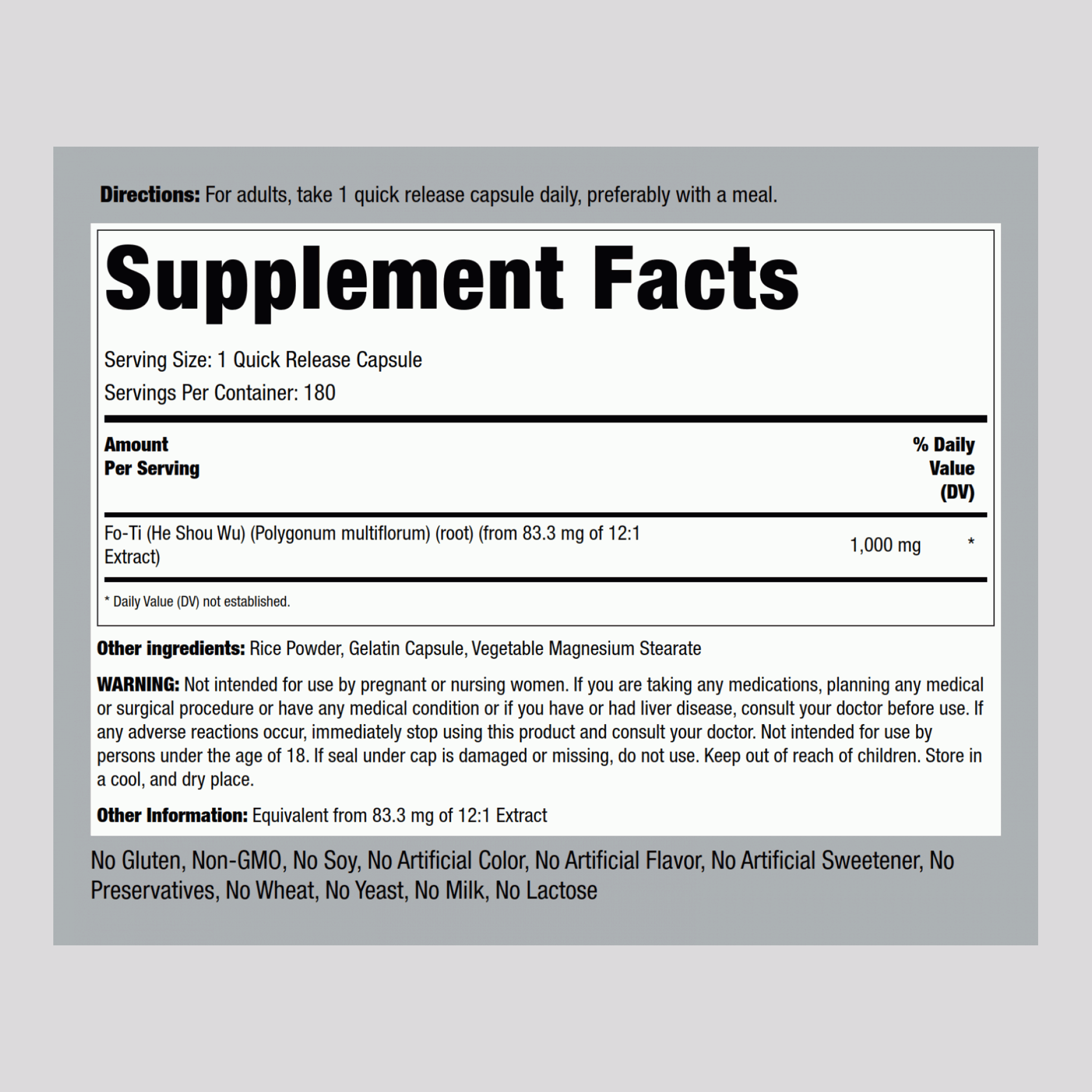 Fo-Ti Root He-Shou-Wu, 1000 mg, 180 Quick Release Capsules, 2  Bottles
