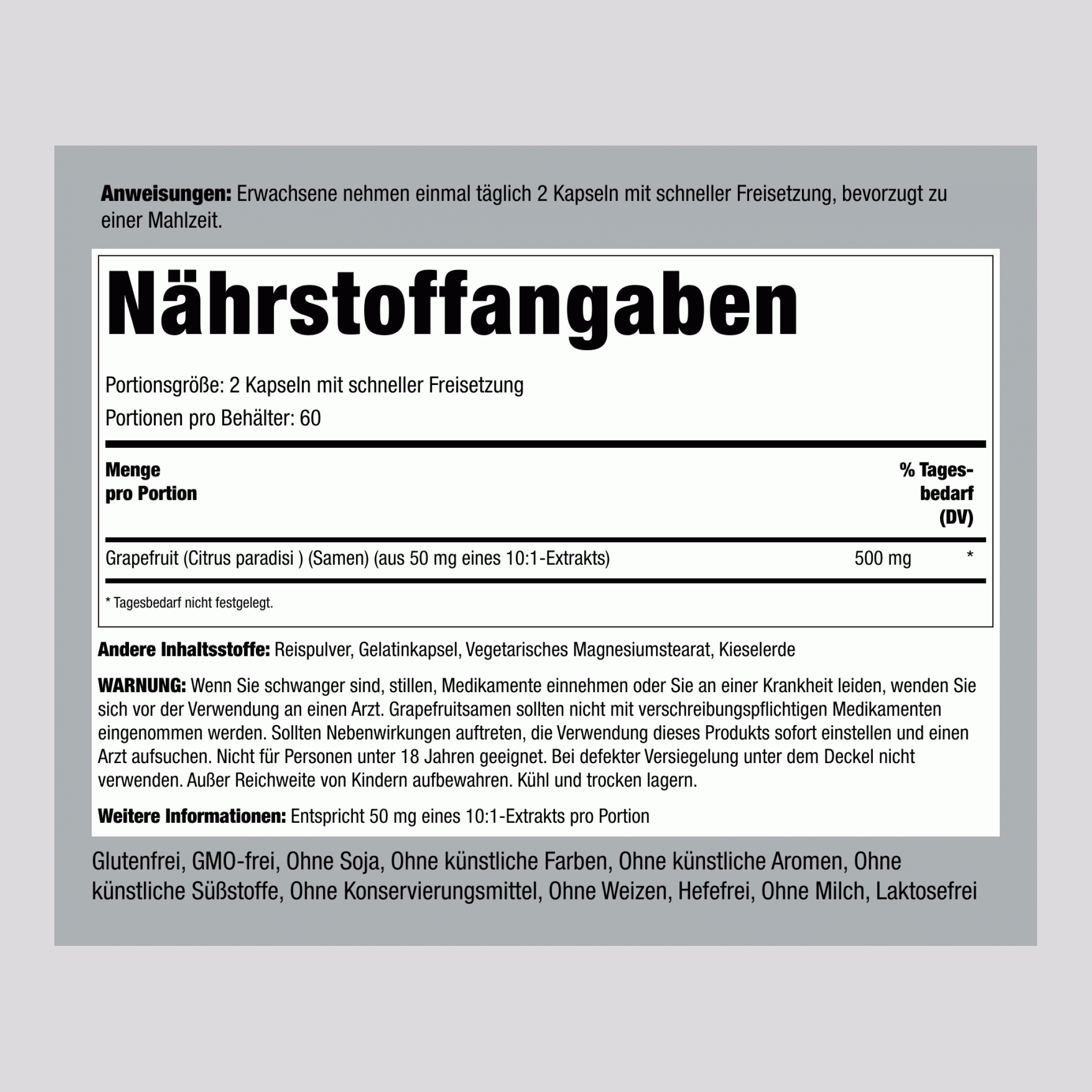 Grapefruitkernextrakt 500 mg (pro Portion) 120 Kapseln mit schneller Freisetzung     