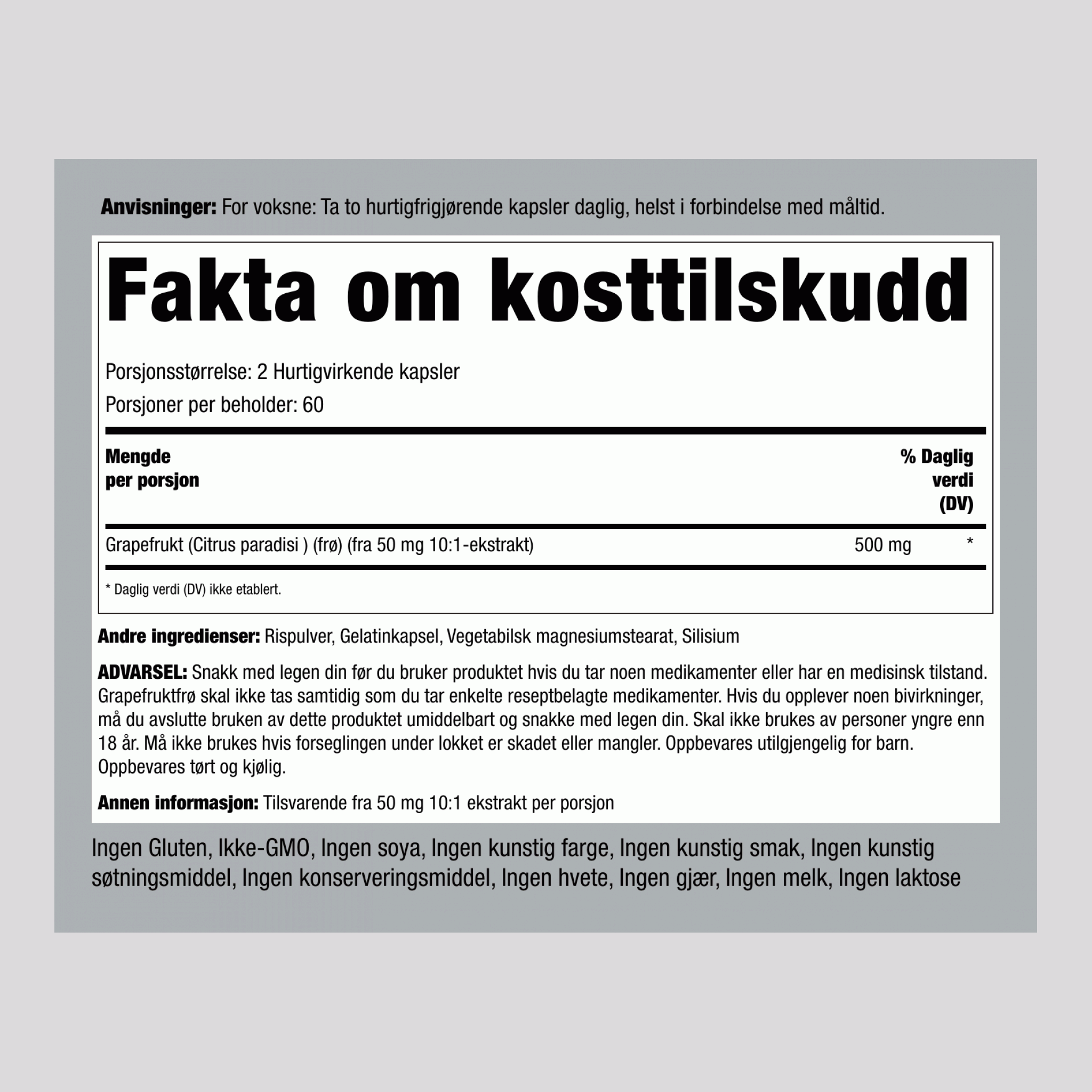 Grapefruktsfrøekstrakt 500 mg (per dose) 120 Hurtigvirkende kapsler     